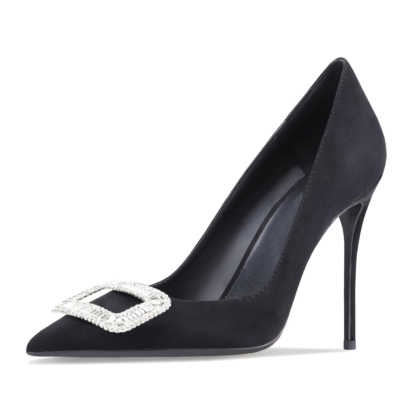 Qunvngutui Women's Pointed Toe Shallow Mouth Sexy Square Buckle Rhinestones 10cm Stiletto Heels Slip-on Wedding Party Banquet Big Size Shoes