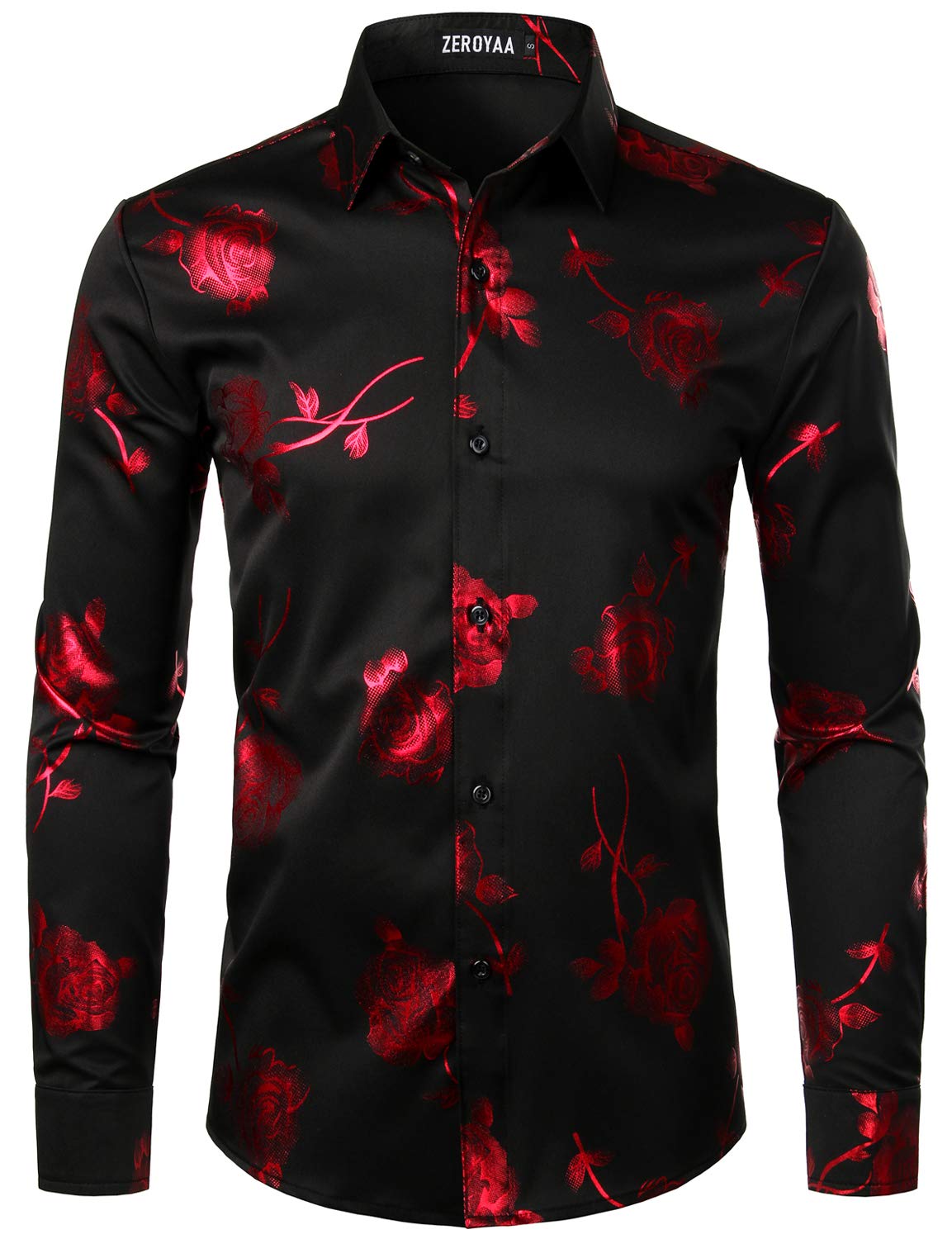 ZEROYAA Mens Hipster 3D Golden Rose Floral Printed Slim Fit Long Sleeve Button Down Dress Shirts