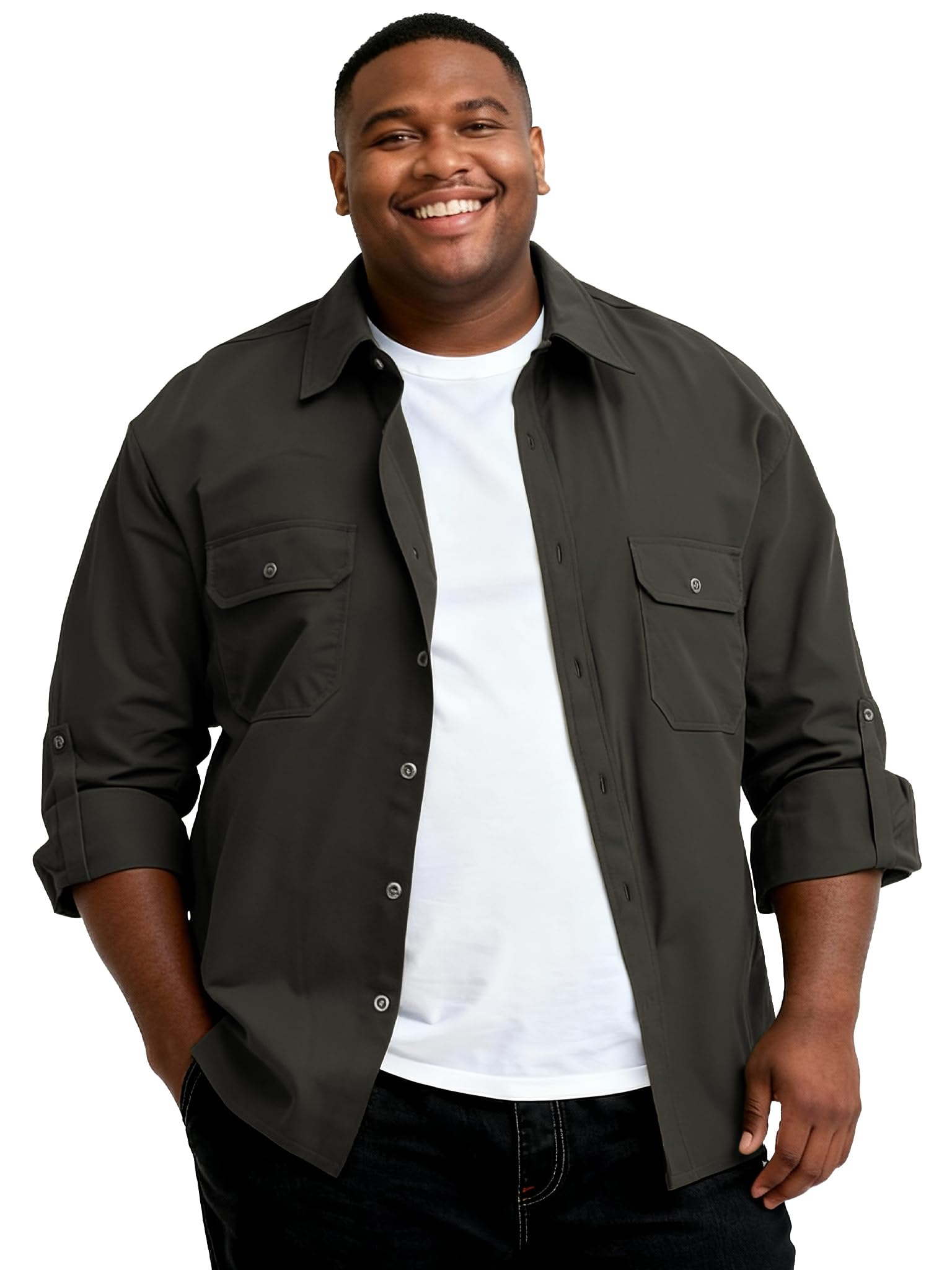 Big and Tall Shirts for Men,Button Down Work Shirt with Roll-Up Sleeves and Utility Pockets,Casual Outdoor Western Fit