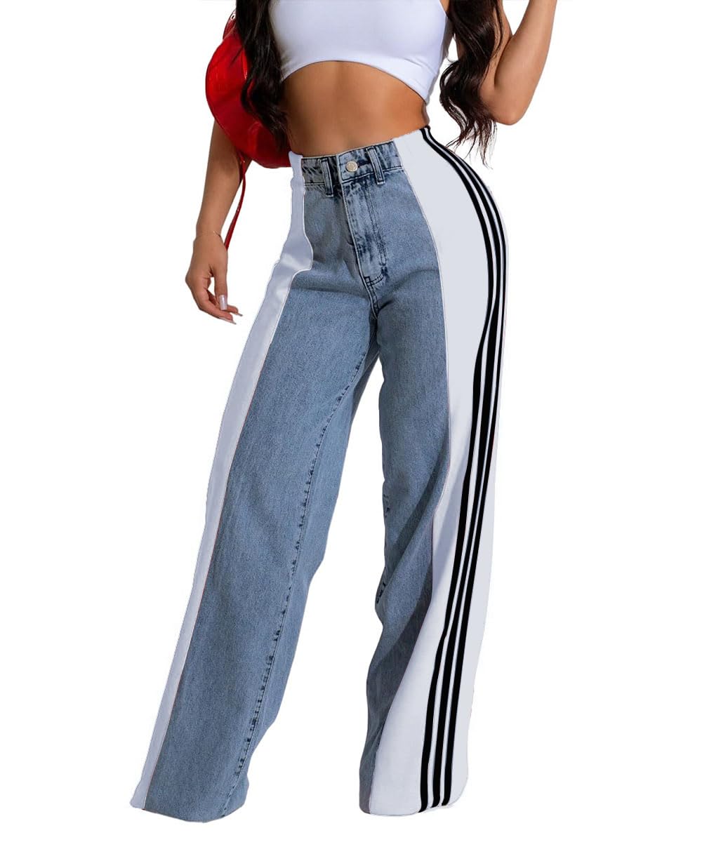 knowfashionstyle Womens Jeans High Waisted Wide Leg Patchwork Stripes Stretchy Jean Color Block Straight Trendy Demin Pants