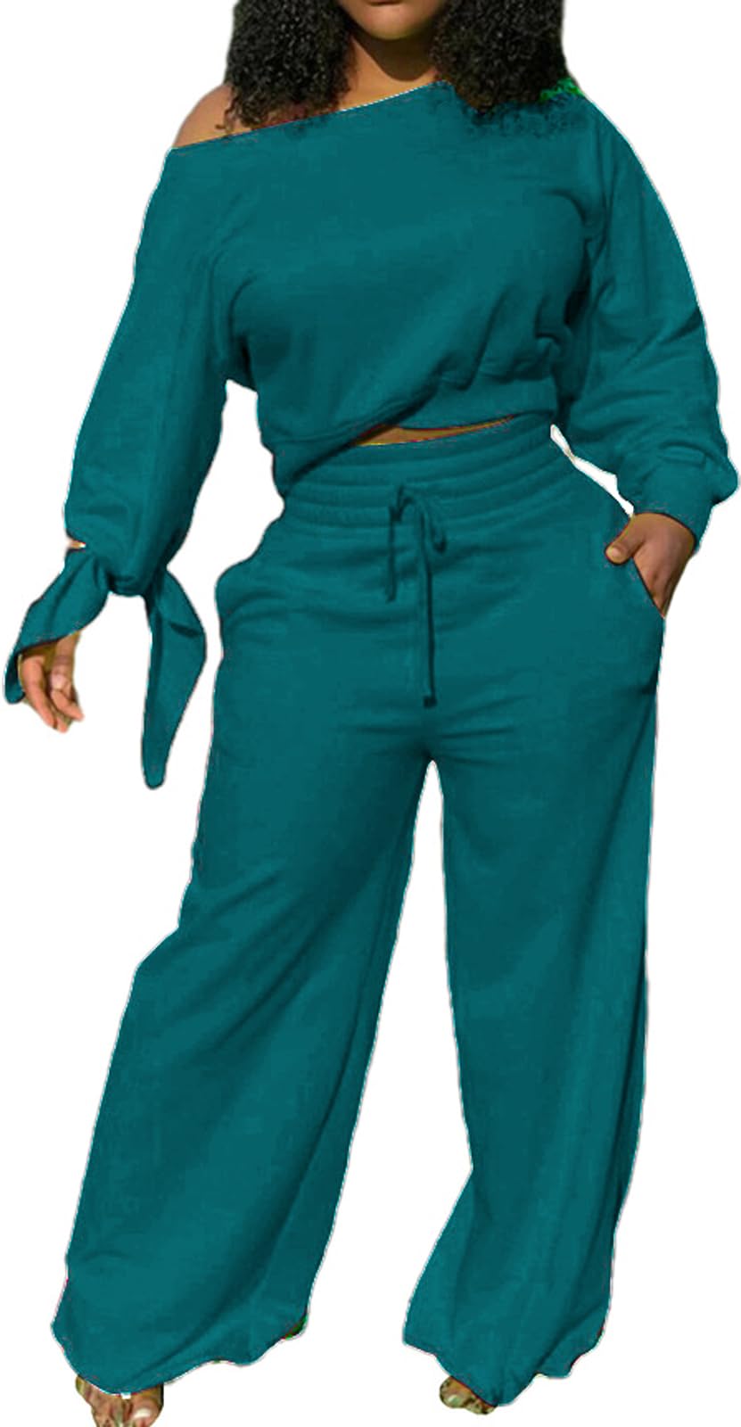 sexycherry Casual 2 Piece Outfits for Women Long Sleeve Sweatsuit Jogging Straight Long Pants Sets with Pockets