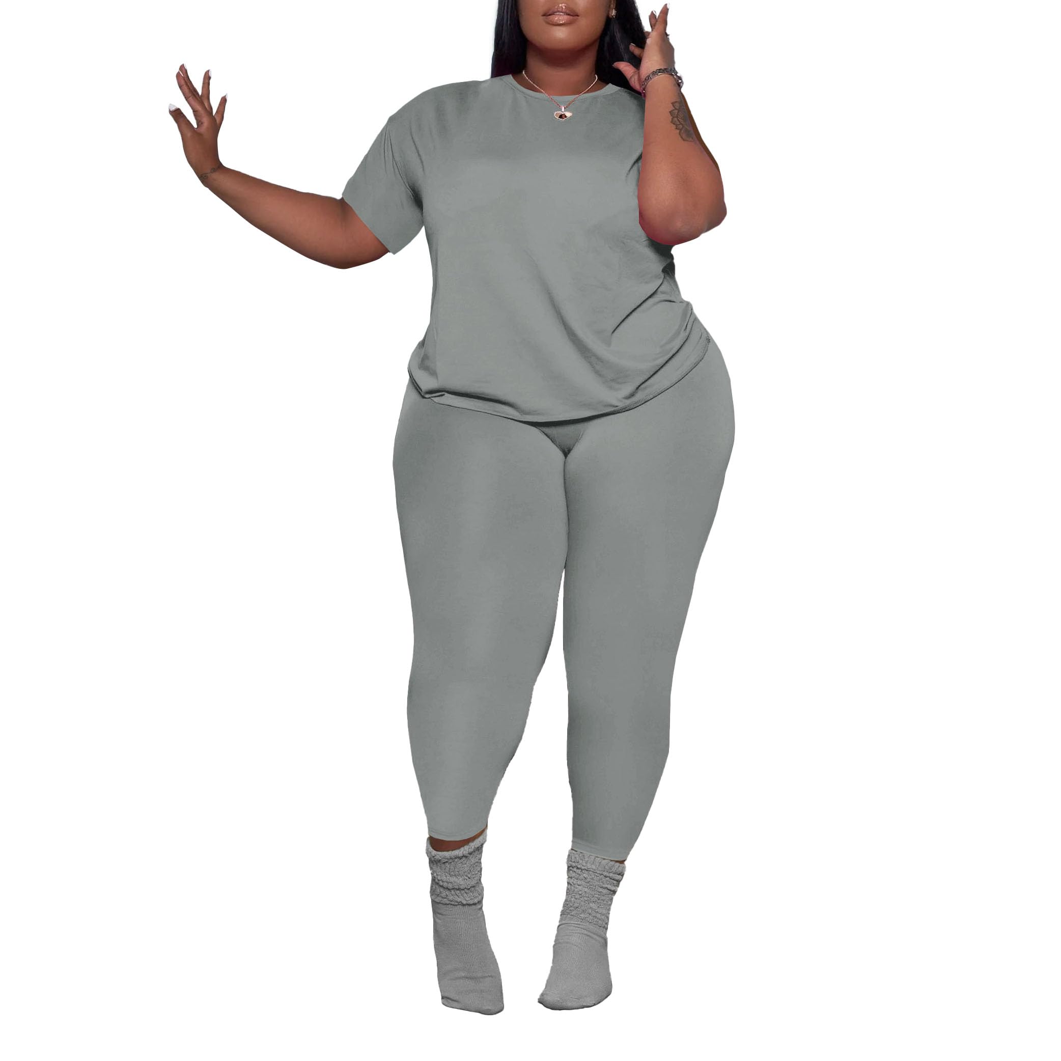 PINSV Women's Plus Size 2 Piece Outfits Tracksuits Short Sleeve Top Pants Sets Sweatsuits