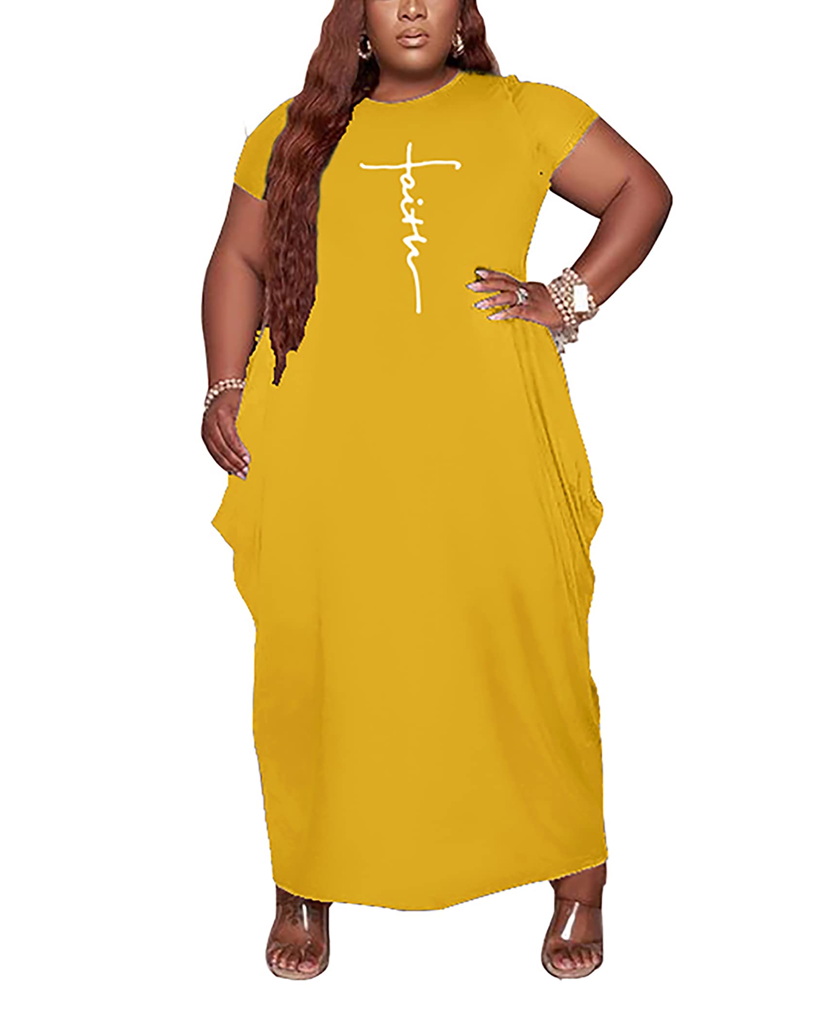 AIIYYQB Women's Summer Plus Size Short Sleeved Long Dress Casual Loose Faith Beach Maxi Dress with Pockets