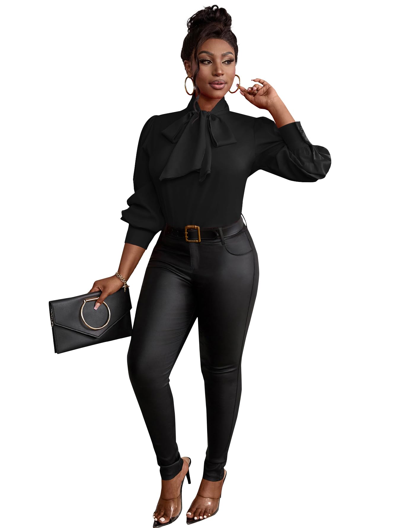 Vrtige Women's Bow Tie Neck Long Sleeve Elegant Blouse Shirt Top