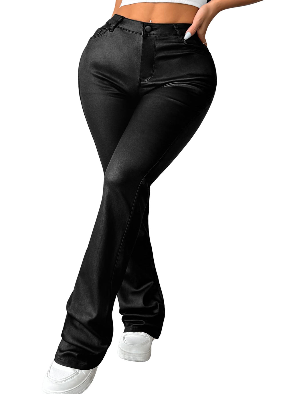 Avanova Women Faux Leather Butt Lifting Leggings Flare High Waist Sexy Bell Bottom Pants