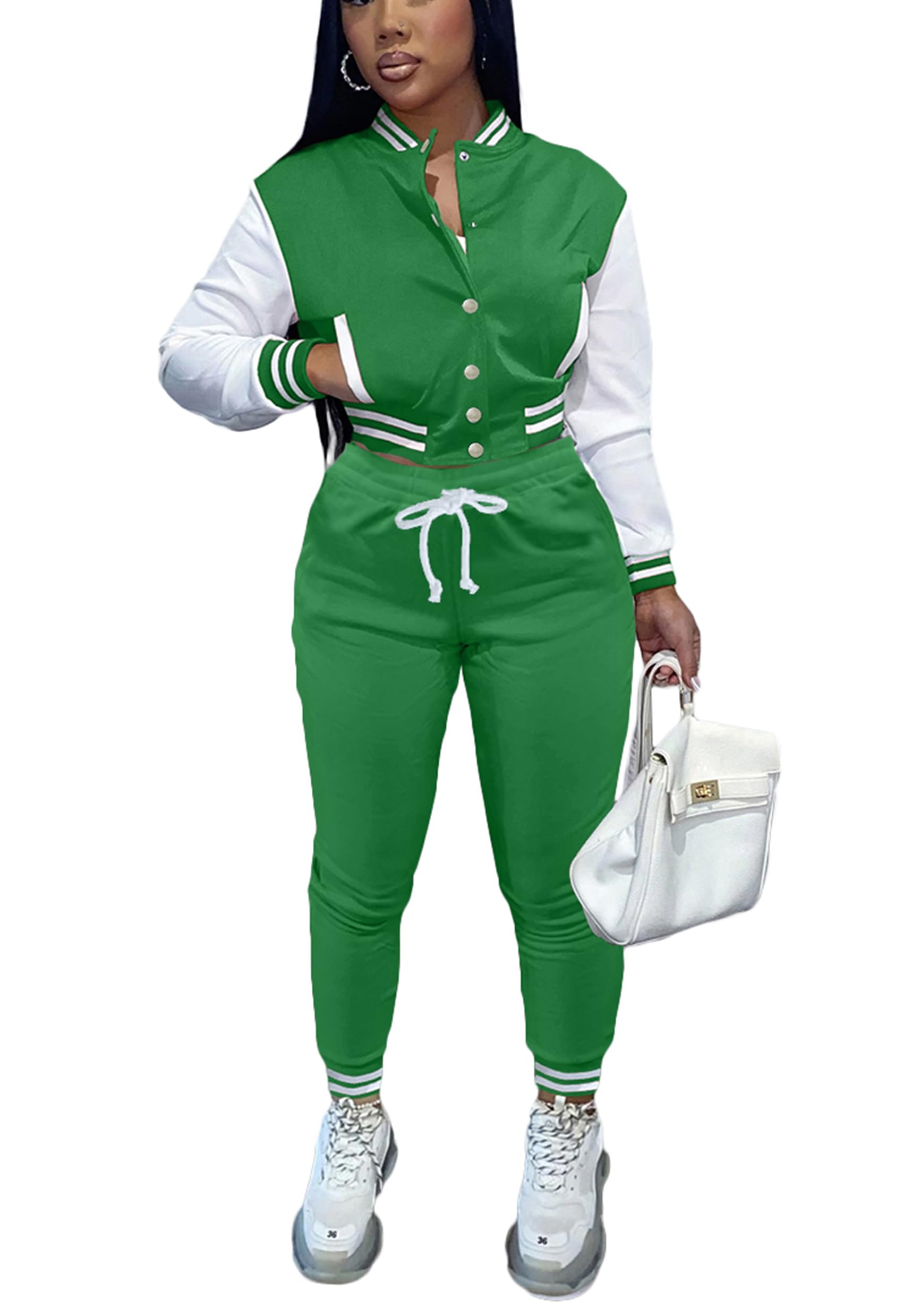 Fooullaide Women's Varsity Jacket Sweatsuit 2 Piece Tracksuit Crop Top Button Down Letterman Jackets Pants Sets