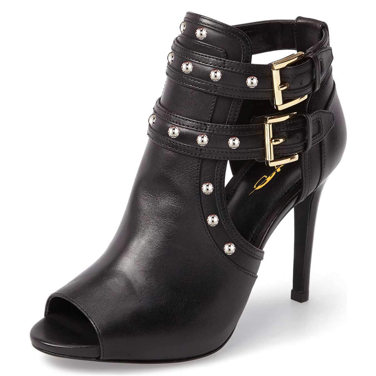 XYD Women Chic Studs Peep Toe Ankle Bootie High Heel Pumps Buckled Double Straps Cutout Fashion Party Shoes