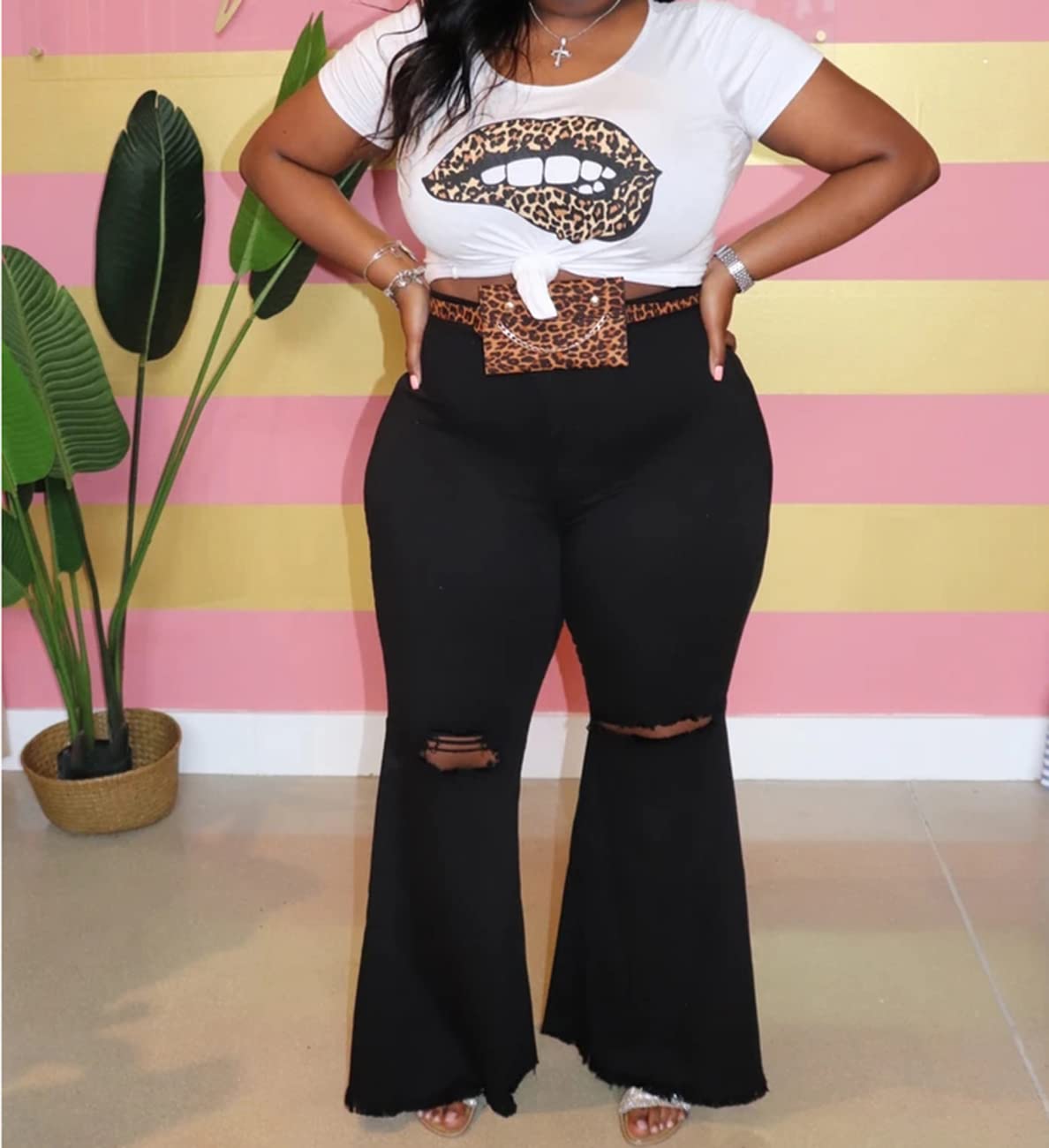 BessCops Plus Size Bell Bottom Jeans for Women Elastic High Waisted Classic Flared Denim Pants