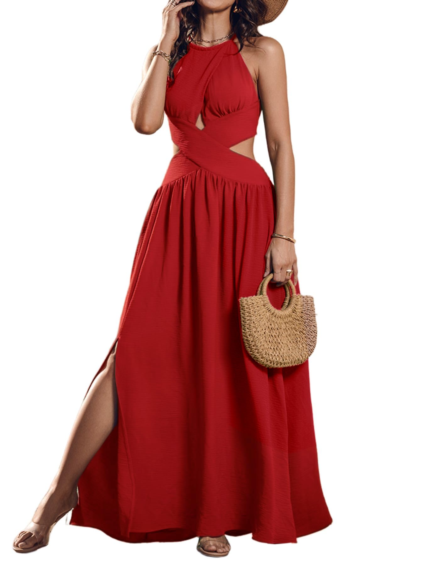 CHICME Women's Sleeveless Halter Neck Dress Criss Cross Tie Back Split High Maxi Dress