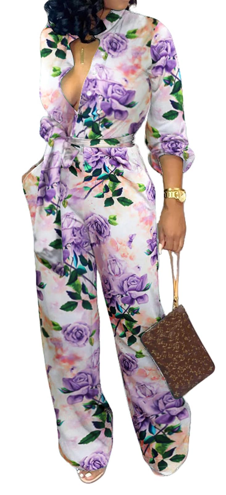 SxClub Jumpsuits for Women Formal Sexy Elegant Long Straight Pants Busineess Party Jumpsuit with Belt Pockets