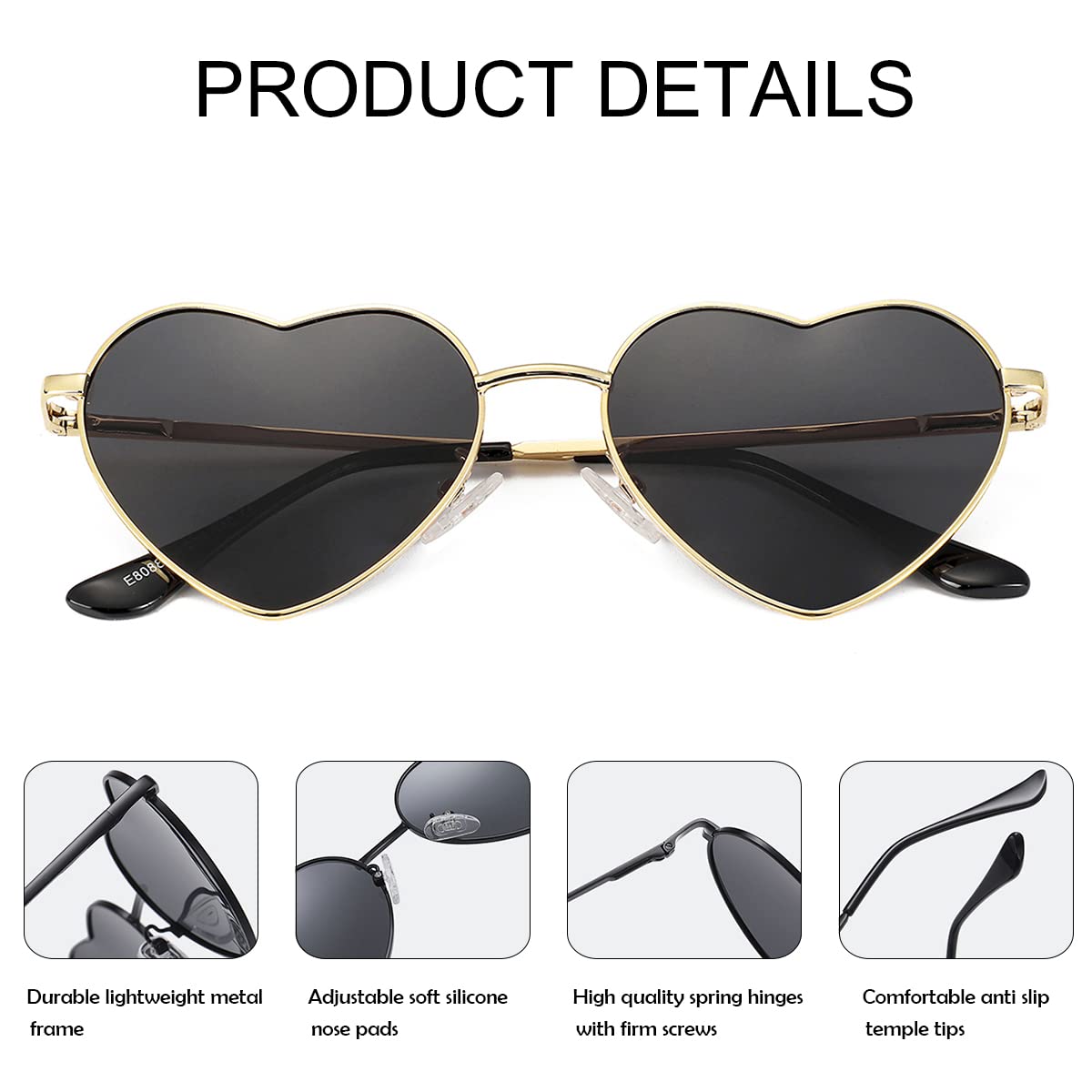 JOVAKIT Polarized Heart Sunglasses for Women Fashion Lovely Style Metal Frame UV400 Protection Lens