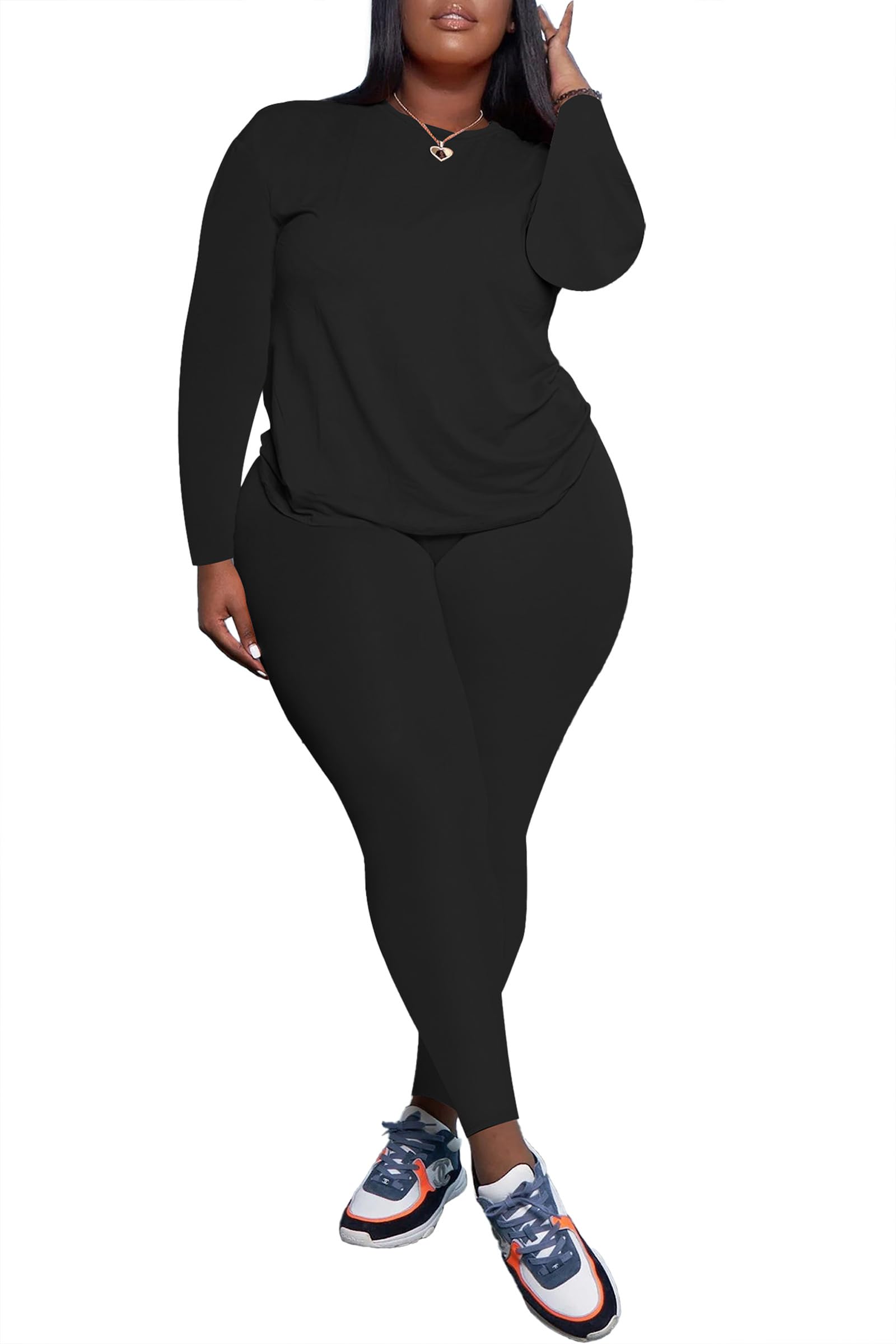 PINSV Women's Plus Size 2 Piece Outfits Tracksuits Long Sleeve Top Pants Sets Sweatsuit