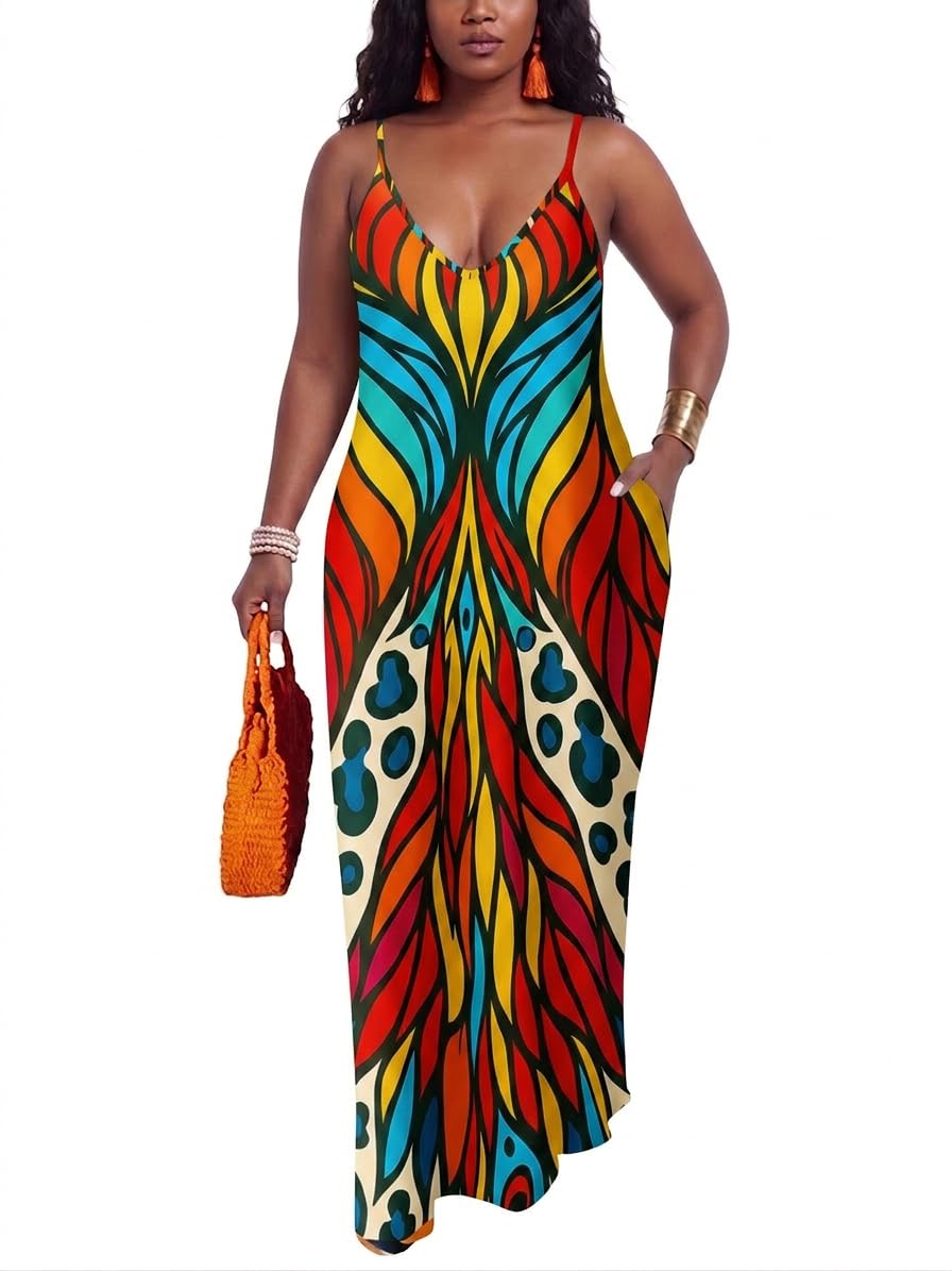 PerZeal Women's Summer Casual Maxi Dresses Sexy Floor Length V-Neck Spaghetti Strap Sleeveless Colorful Sundresses Plus Size