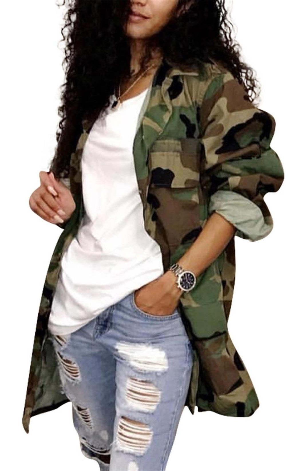 Sexy Camouflage Jacket for Women Army Fatigue Long Cargo Jackets Trench Coat Plus Size