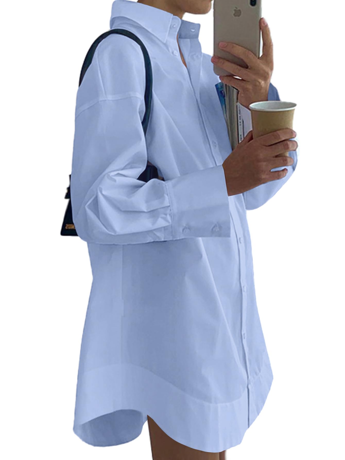 LYANER Women's Casual Shirt Dress Collar V Neck Button Down Loose Long Sleeve Mini Dresses