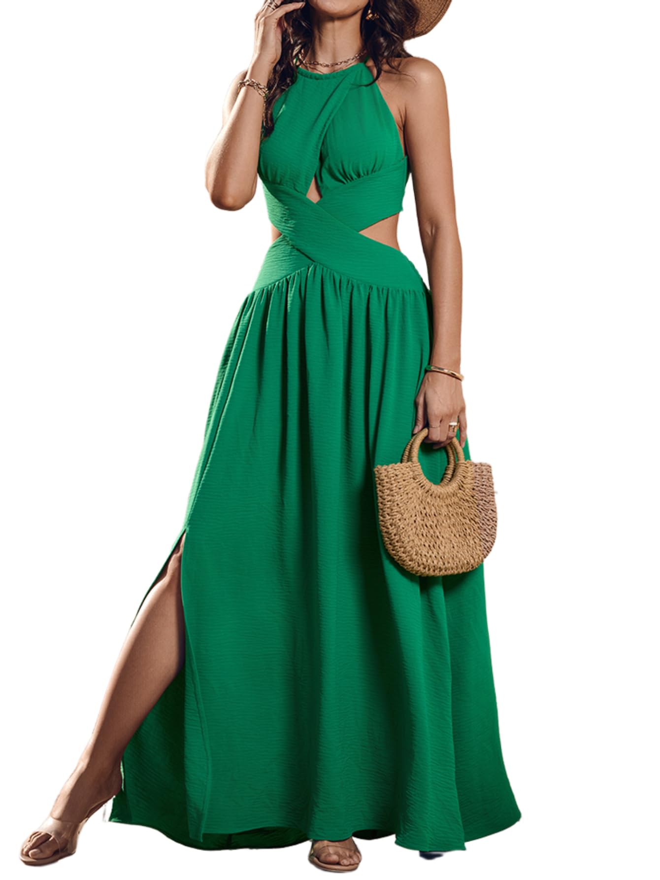 CHICME Women's Sleeveless Halter Neck Dress Criss Cross Tie Back Split High Maxi Dress