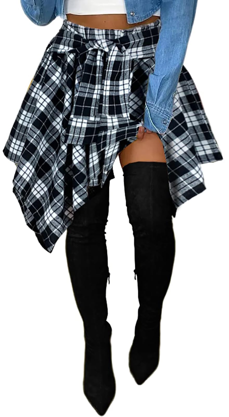 YBSKG Womens Plaid Skirts Elastic High Waist Tie Front Asymmetrical Hem Pleated Mini Skirt