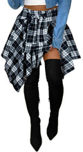YBSKG Womens Plaid Skirts Elastic High Waist Tie Front Asymmetrical Hem Pleated Mini Skirt