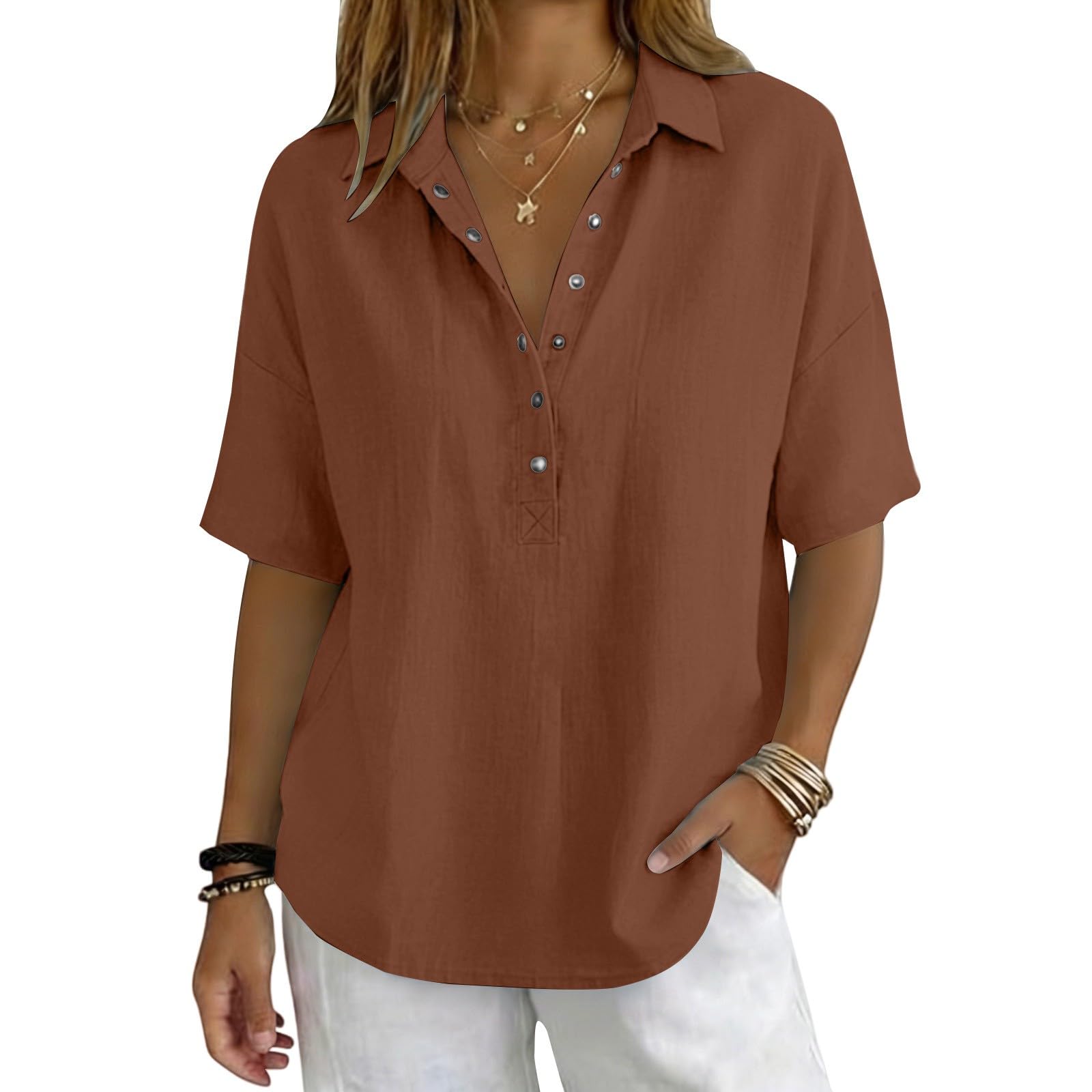 Linen Tops for Women Breathable Gauze Shirts Cotton Button Down Summer Elbow Length Blouses Dressy Casual Clothes
