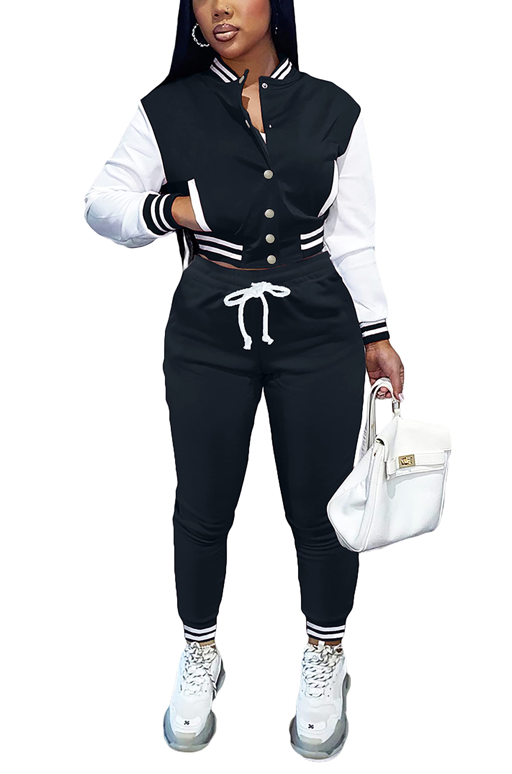 Fooullaide Women's Varsity Jacket Sweatsuit 2 Piece Tracksuit Crop Top Button Down Letterman Jackets Pants Sets