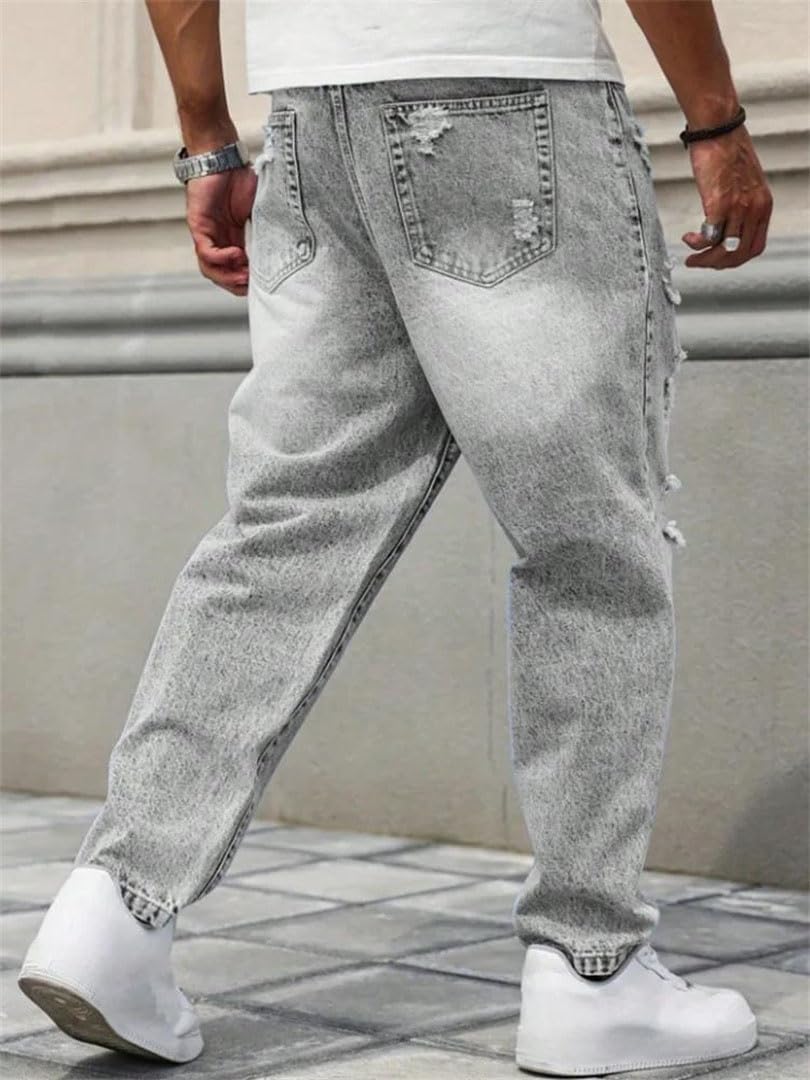 Mens Relaxed Tapered Ripped Jeans Loose Straight Leg Denim Pants