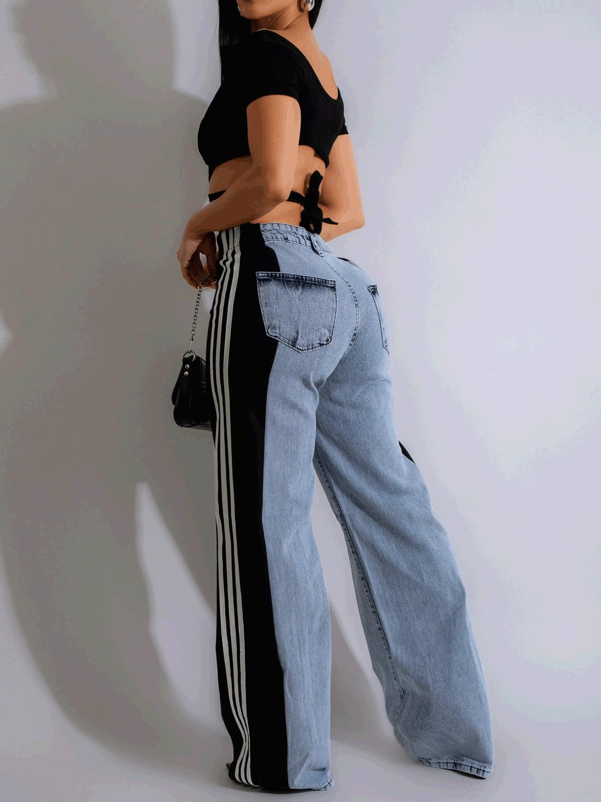 Angsuttc Womens Jeans with Patchwork Stripes High Waisted Stretchy Denim Color Block Straight Wide Leg Trendy Jean