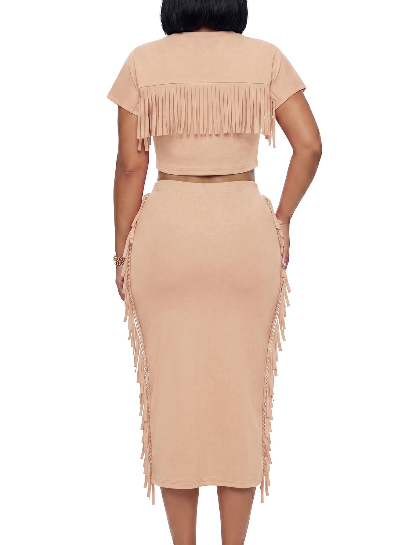 LYANER Women's 2 Piece Outfits Crew Neck Fringe Short Sleeve Crop Top and Tassel Trim Bodycon Midi Skirt Set