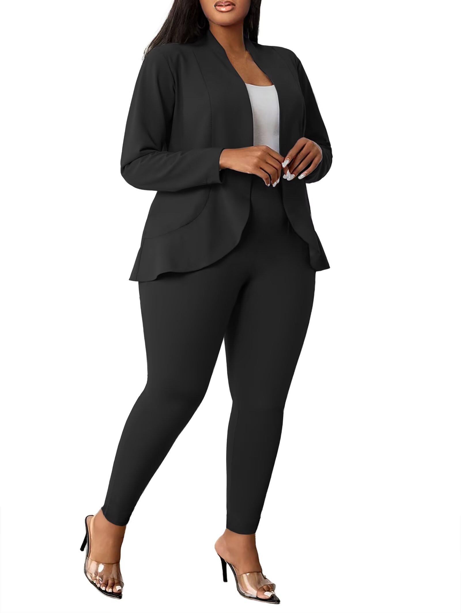 Aro Lora Womens Plus Size 2 Piece Outfits Pantsuits Long Sleeve Ruffle Irregular Hem Open Front Blazer Pant Set