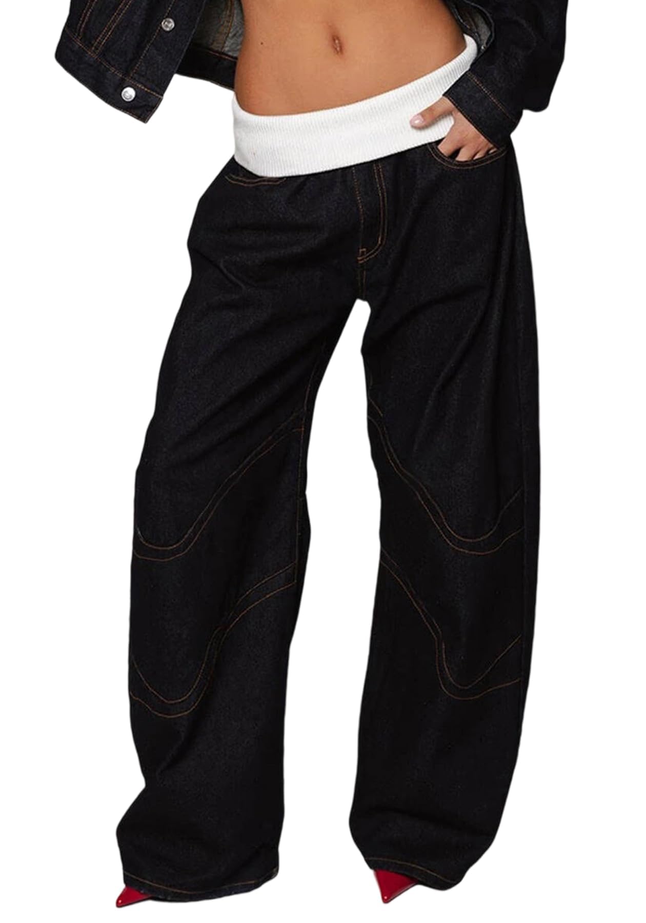 Unybwonn Women Baggy Cargo Jeans High Waist Patchwork Trendy Vintage Denim Pants Wide Leg Distressed Jeans with Pockets