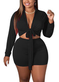 Women 2 Piece Outfits Wide Leg Long Pants Set Front Crop Tops High Waist Tracksuits Long Sleeve Jumpsuits