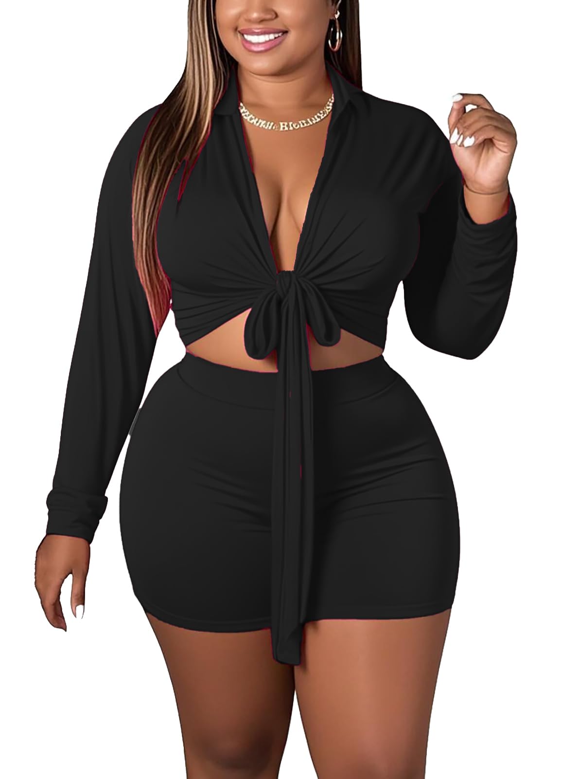 Women 2 Piece Outfits Wide Leg Long Pants Set Front Crop Tops High Waist Tracksuits Long Sleeve Jumpsuits