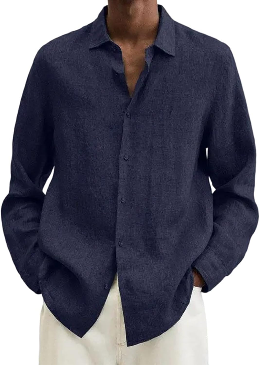 Cotton Linen Shirts for Men Button Down Casual Loose Fit Long Sleeve Summer Beach Shirts Vacation Tops