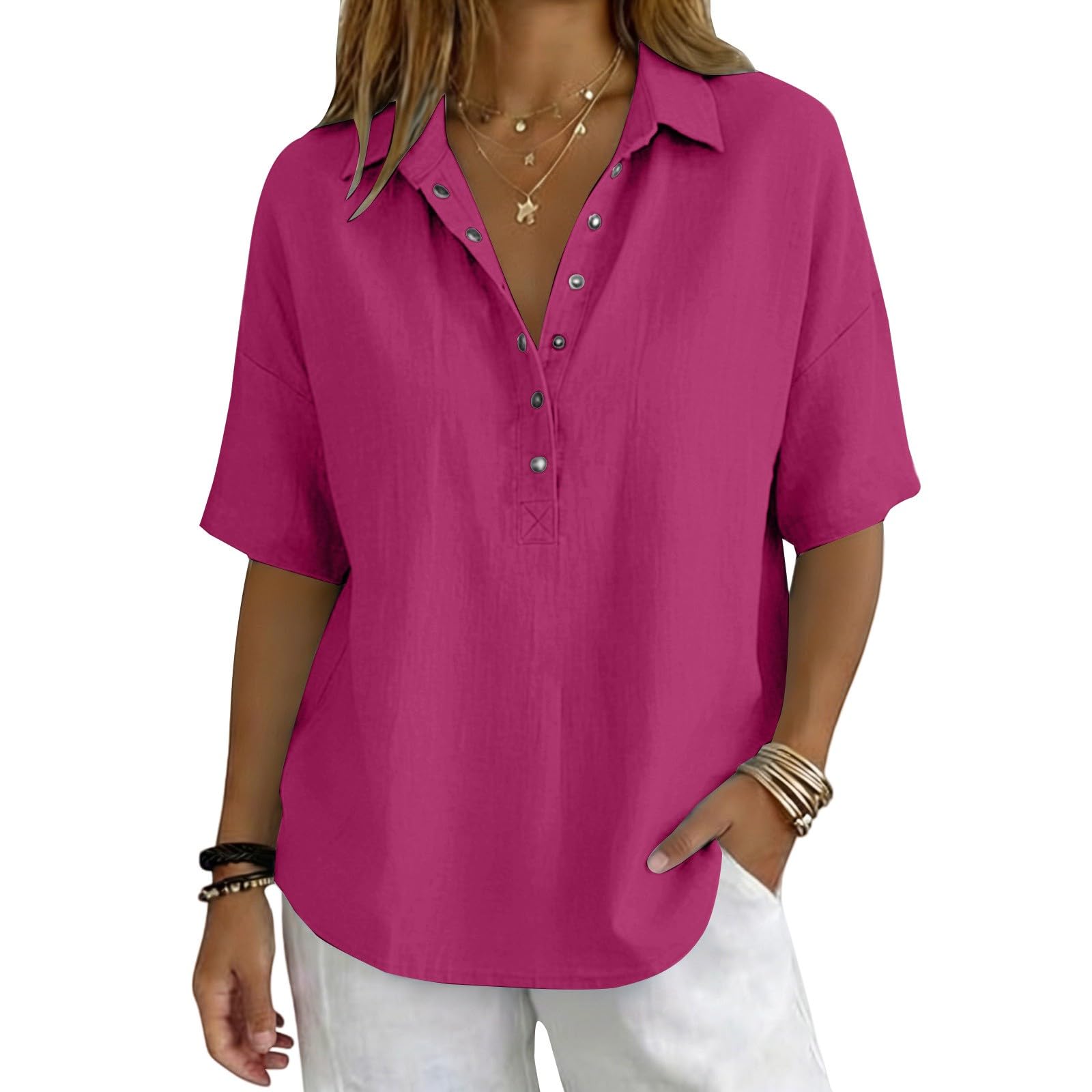 Linen Tops for Women Breathable Gauze Shirts Cotton Button Down Summer Elbow Length Blouses Dressy Casual Clothes