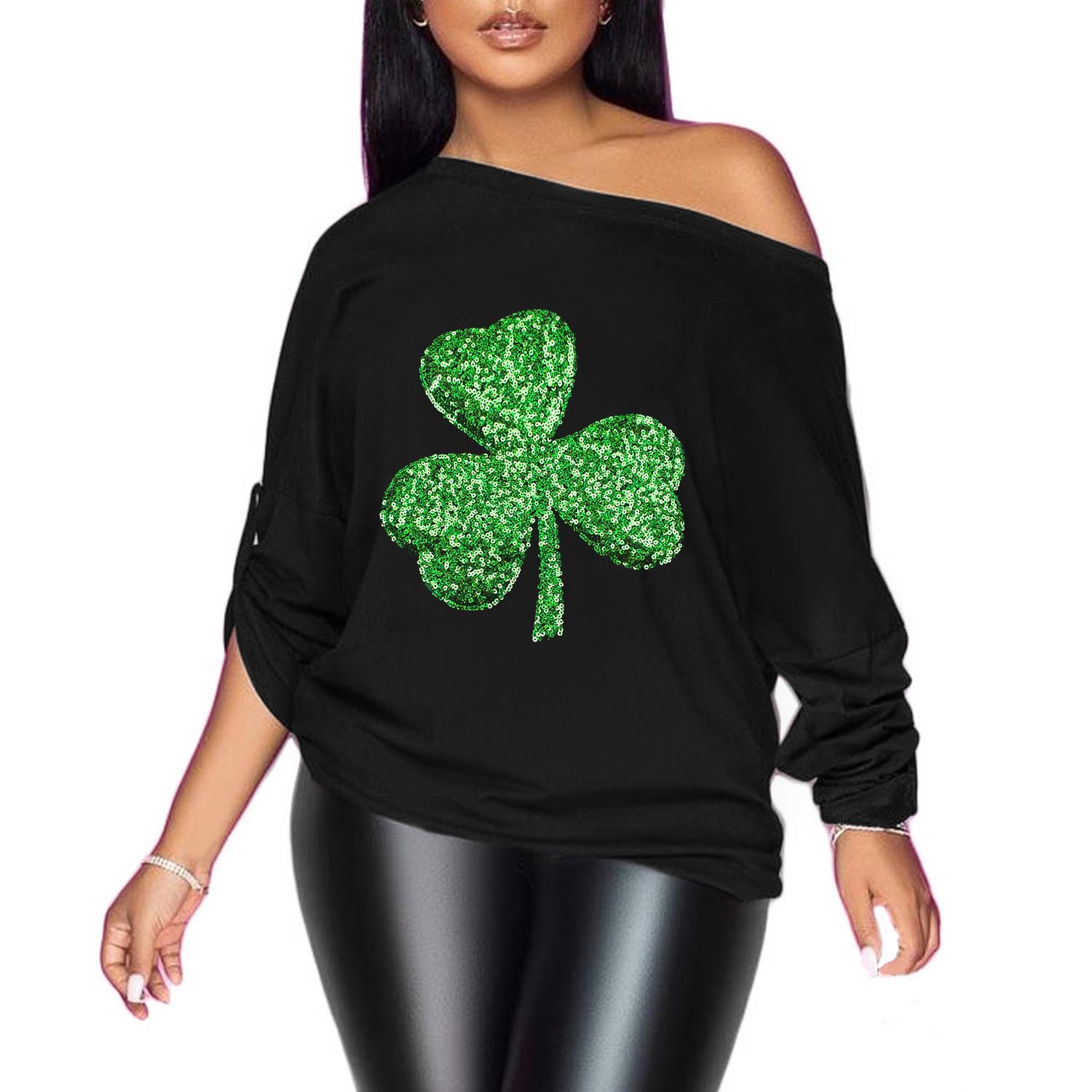 PESION Womens Off The Shoulder Tops Sexy Shiny Metallic Shirts Long Sleeves Fashion Graphic T-Shirts Blouses
