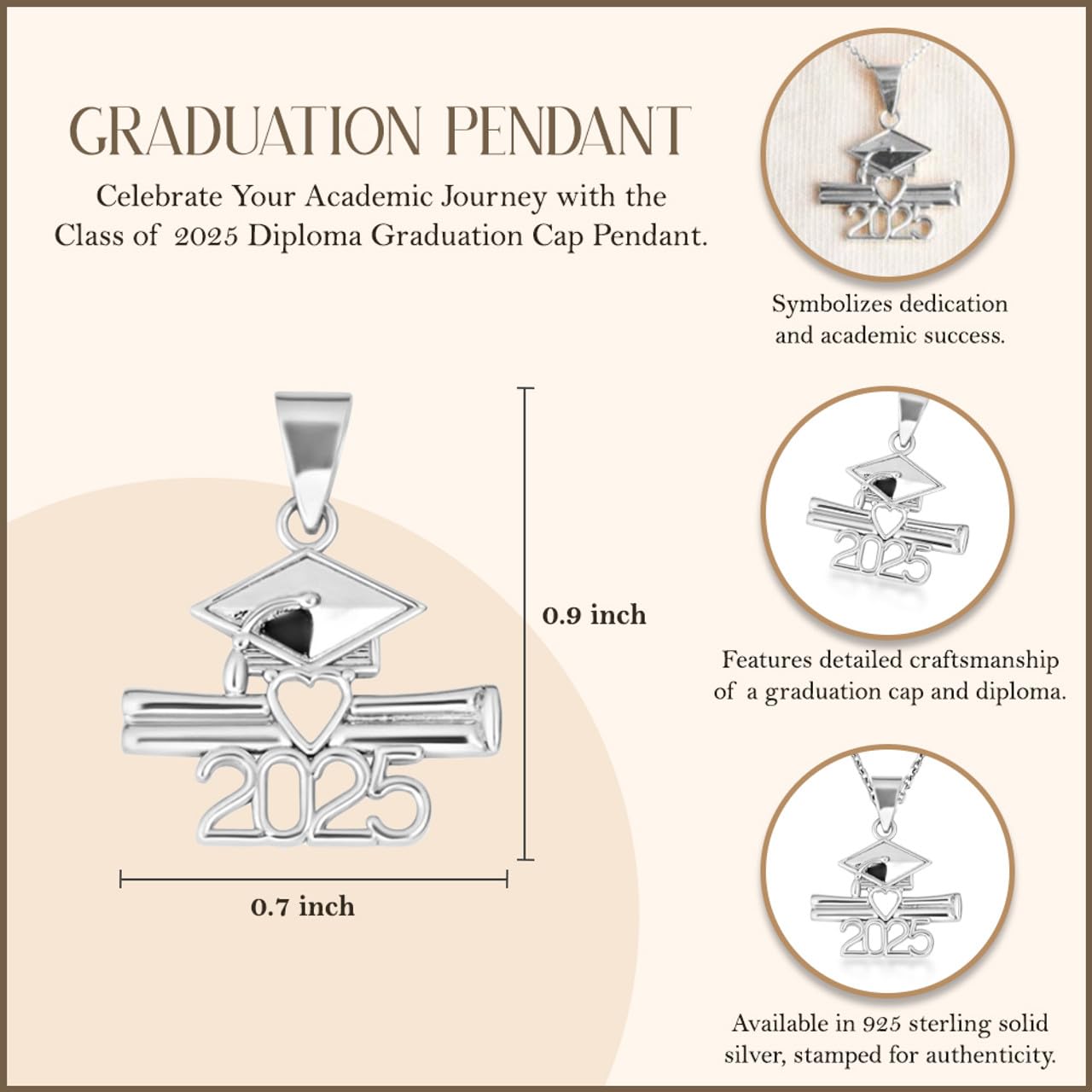Claddagh Gold .925 Sterling Silver Class Of 2025-2026 Diploma Graduation Cap Pendant Necklace