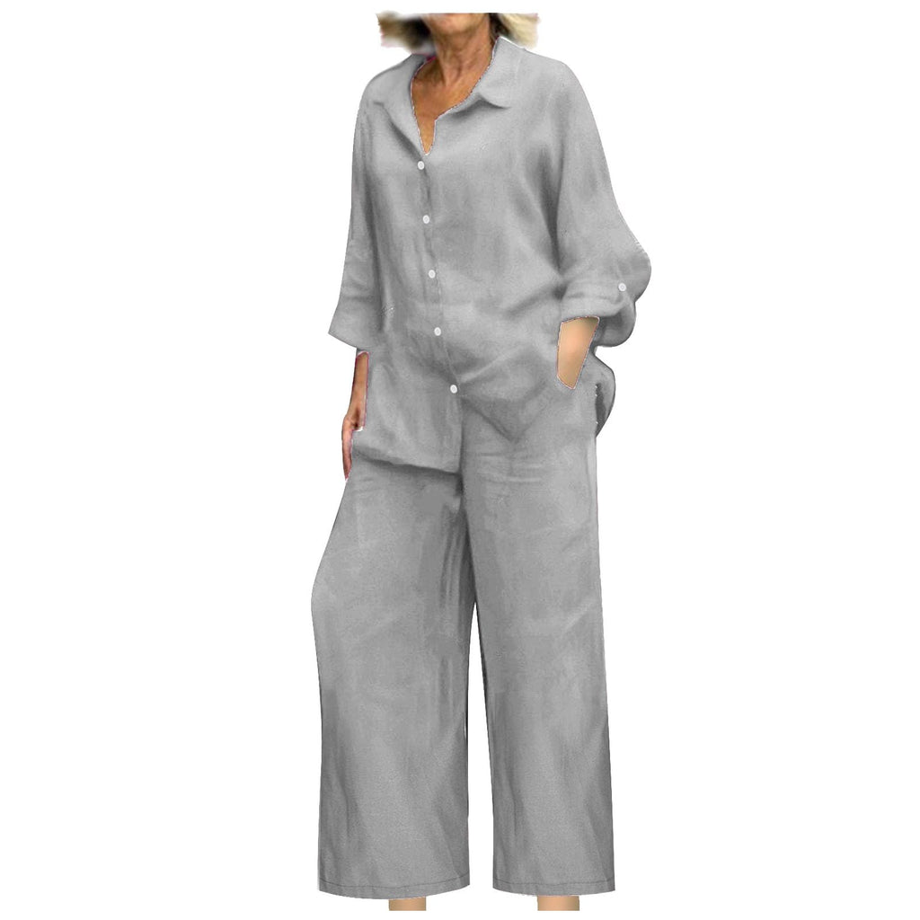 BAOQIN Linen Sets for Women 2 Piece - Womens Long Sleeve Button Down Shirts Summer Wide Leg Breathable Cotton Linen Pants Set