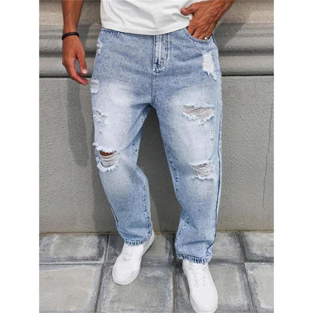 Mens Relaxed Tapered Ripped Jeans Loose Straight Leg Denim Pants