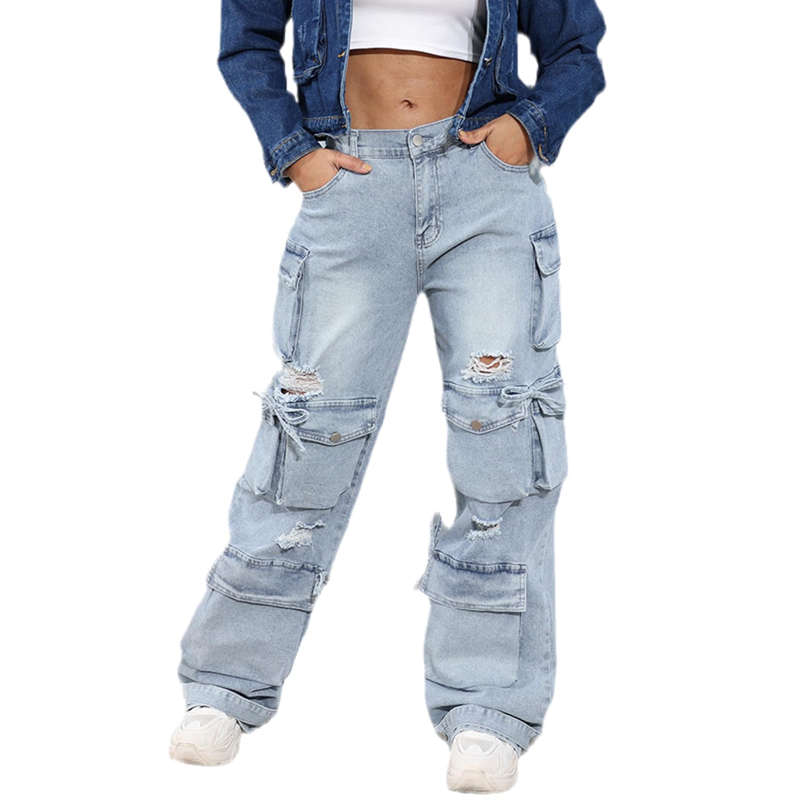 ThusFar Women's High Waist Baggy Jeans Flap Pocket Cargo Pants Loose Denim Pants Streetwear