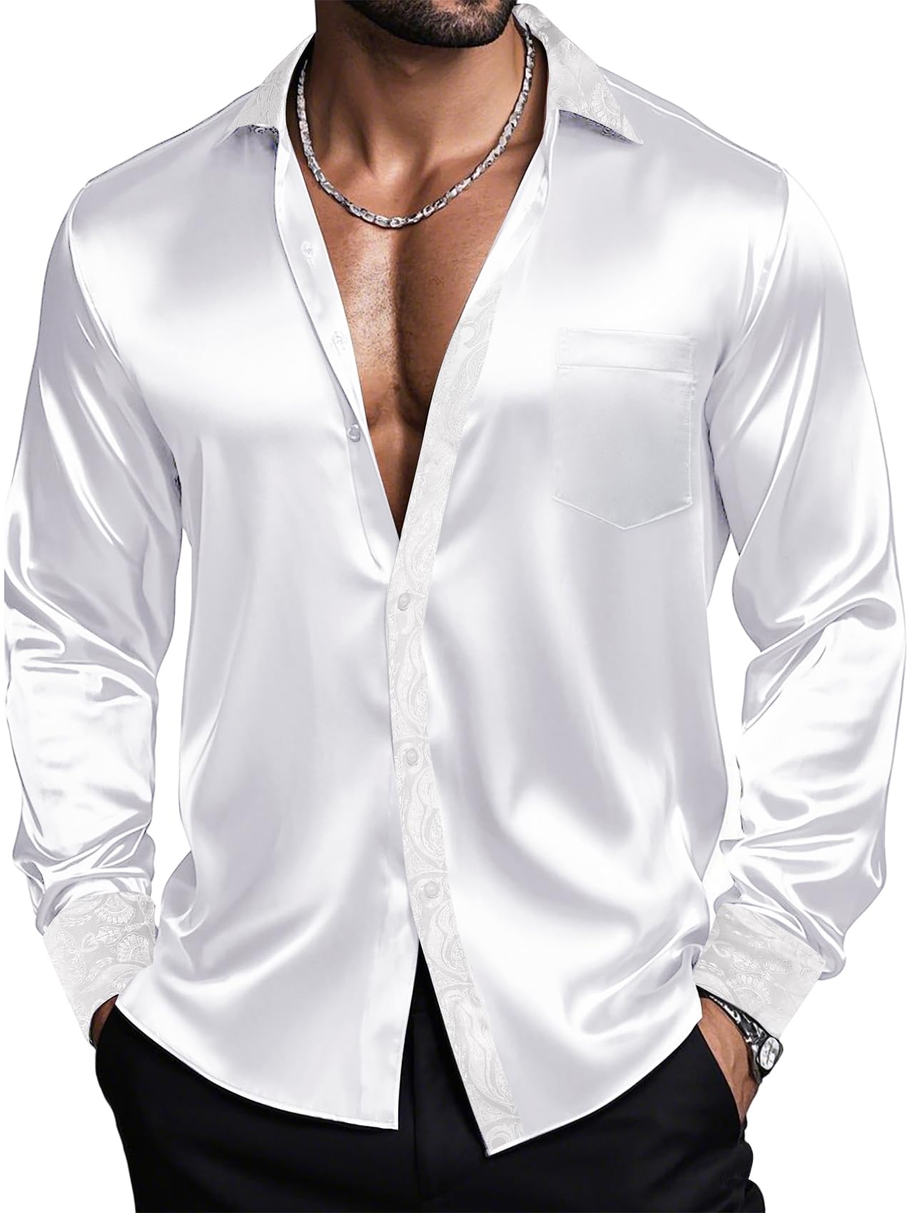 Barry.Wang Mens Satin Silk Shirts Long Sleeve Designer Dress Shirt Shiny Untucked Casual Button Down Shirt Party Disco Formal