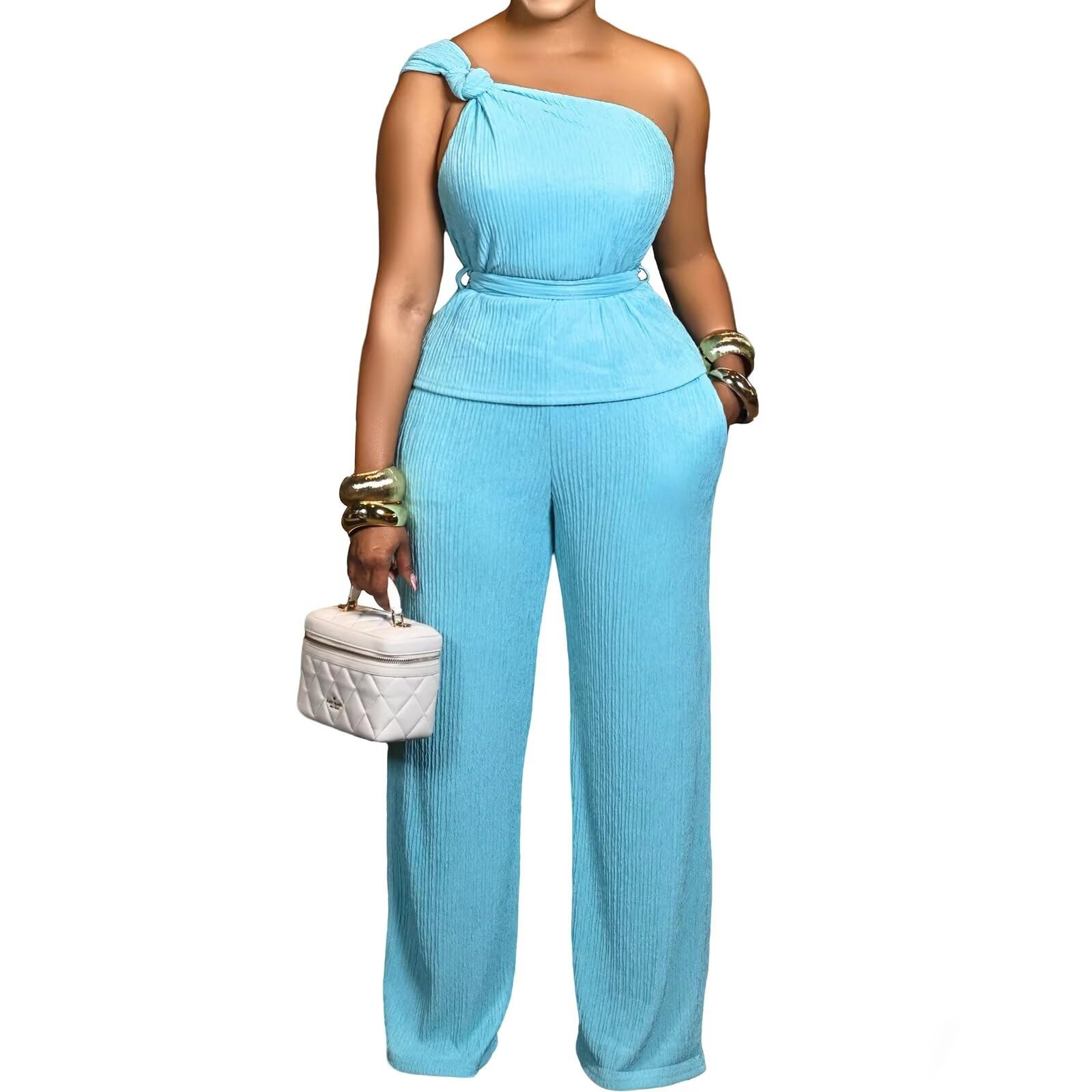 Ophestin 2 Piece Outfits for Women Dressy Summer Sexy Off Shoulder Ruched Wide Leg Pant Loungewear Sets