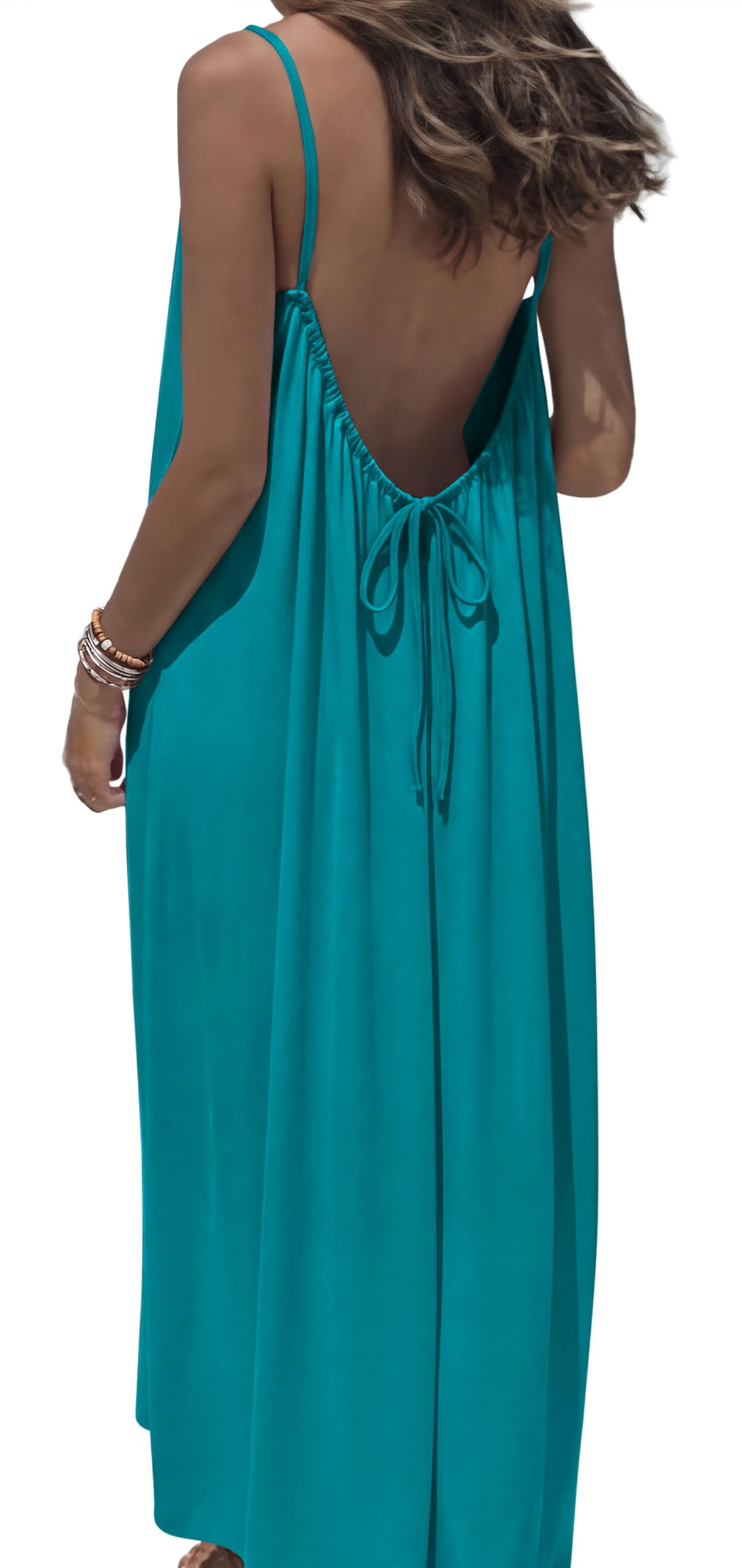 OFEEFAN Summer Dresses for Women 2026 Backless Cami Maxi Sundresses Spaghetti Strap Beach Vacation Clothes Swimsuit Coverup