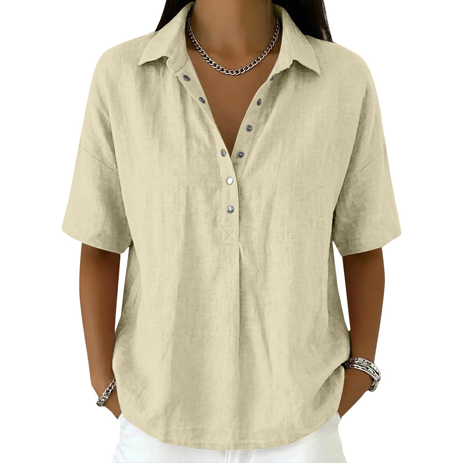 Linen Tops for Women Breathable Gauze Shirts Cotton Button Down Summer Elbow Length Blouses Dressy Casual Clothes