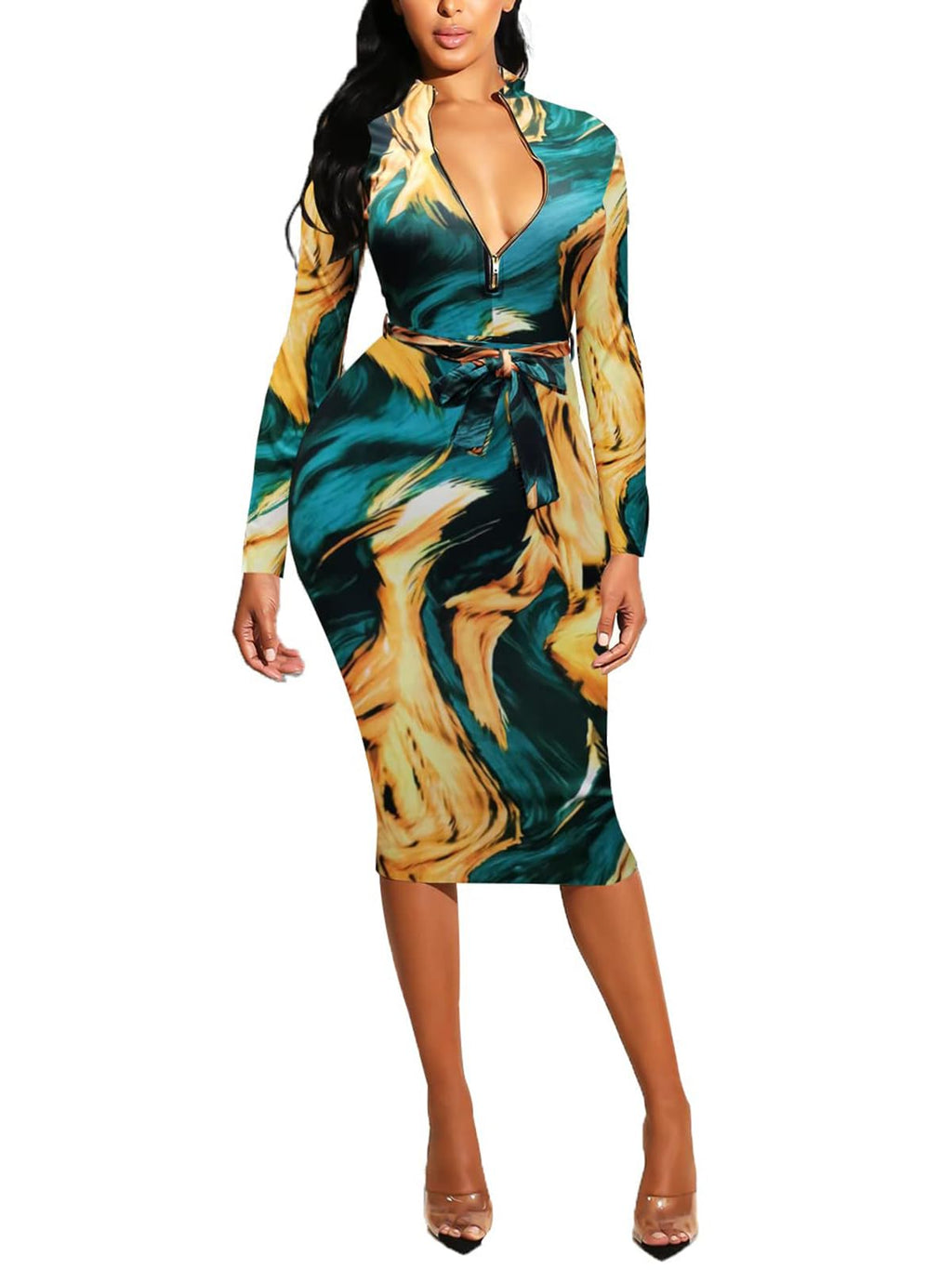 ECHOINE Women's Vintage Print Bodycon Midi Dress Sleeveless Mock Neck Slim Fit Party Club Dress