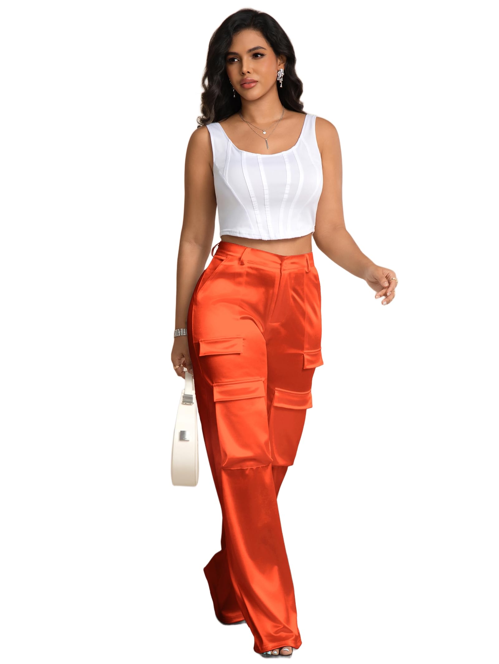 Aressdom Metallic Satin Cargo Pants for Women High Waisted Wide Leg Pants with Pockets, Dressy Going Out Concert Outfits