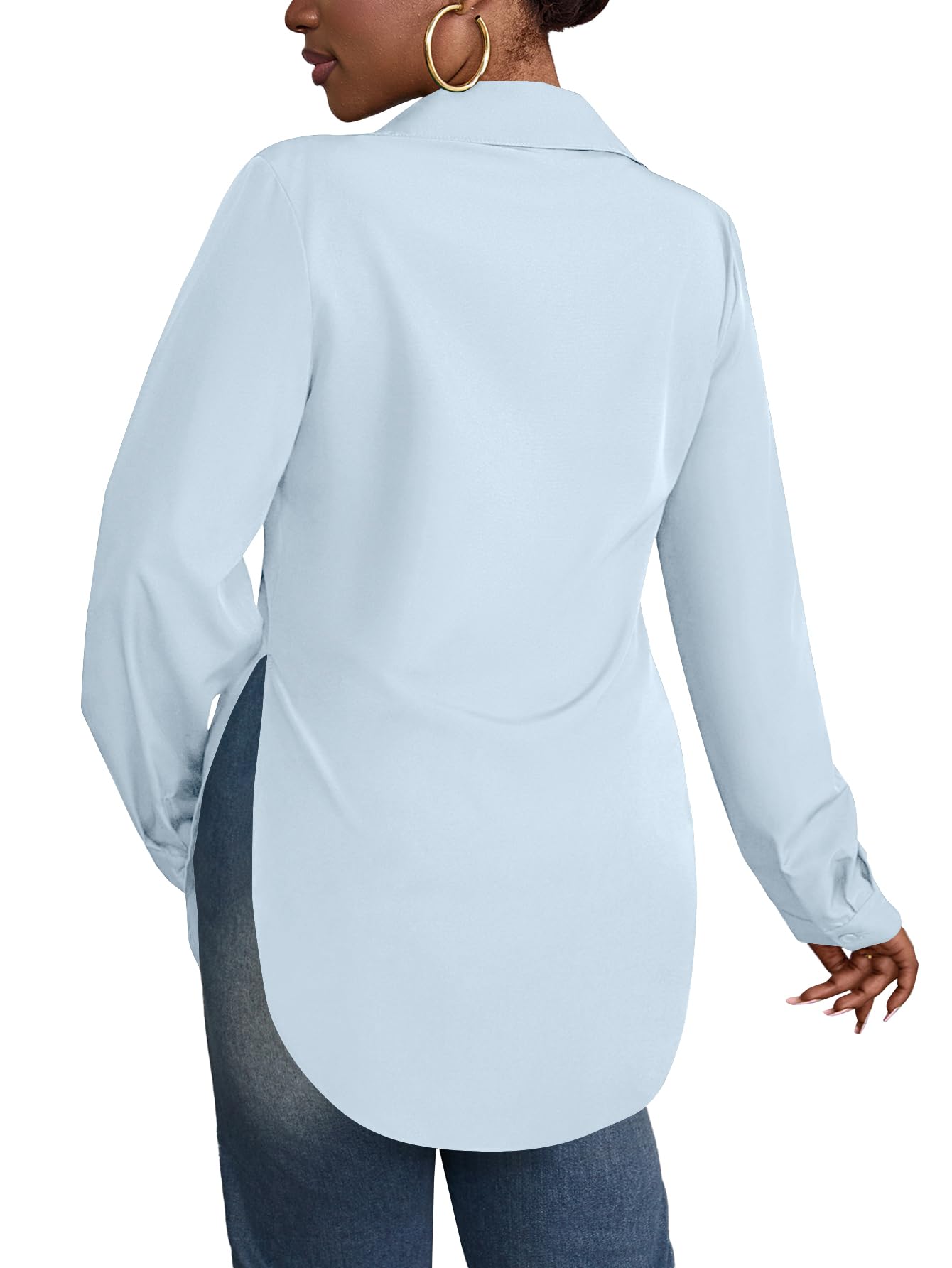 Rooscier Women's Button Down Shirts Collar V Neck Long Sleeve Slit Side Long Shirt Blouse Top