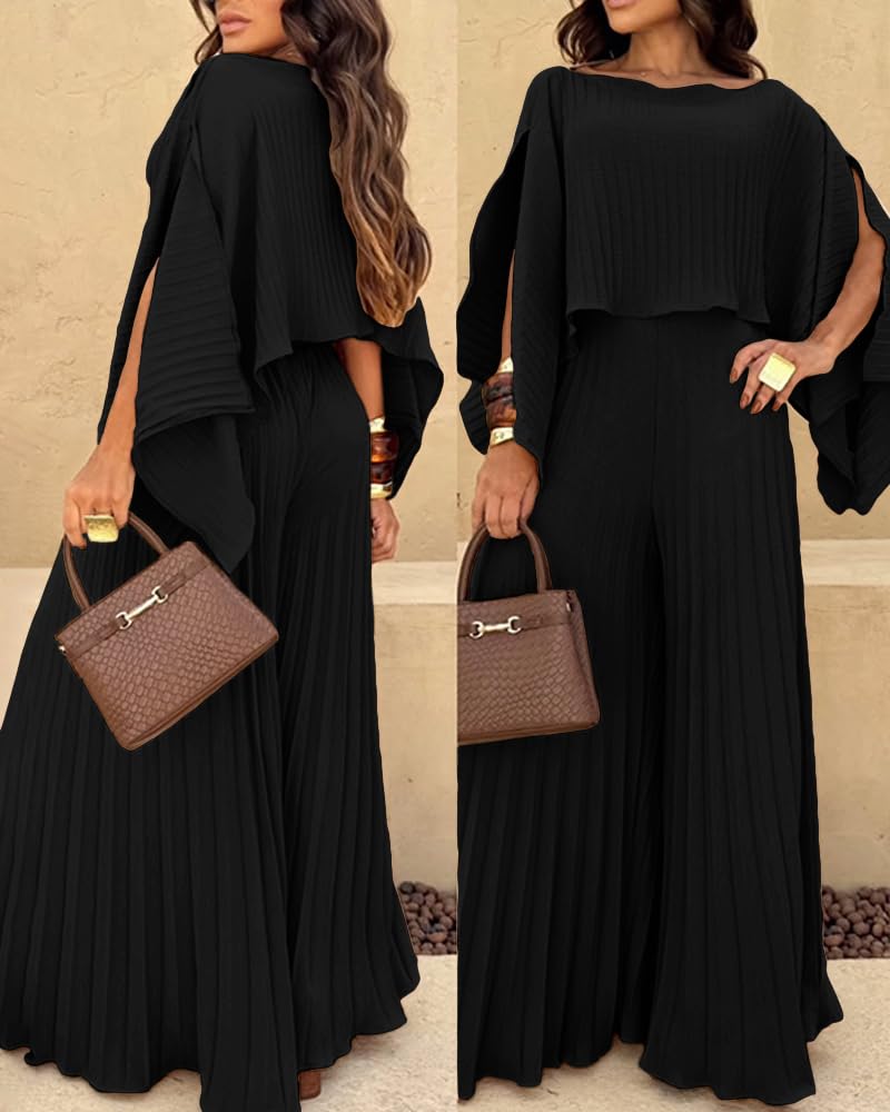 CHICME Women's 3 Piece Pleated Outfits One Shoulder Tops with High Waisted Wide Leg Pants Casual Vacation Outfit