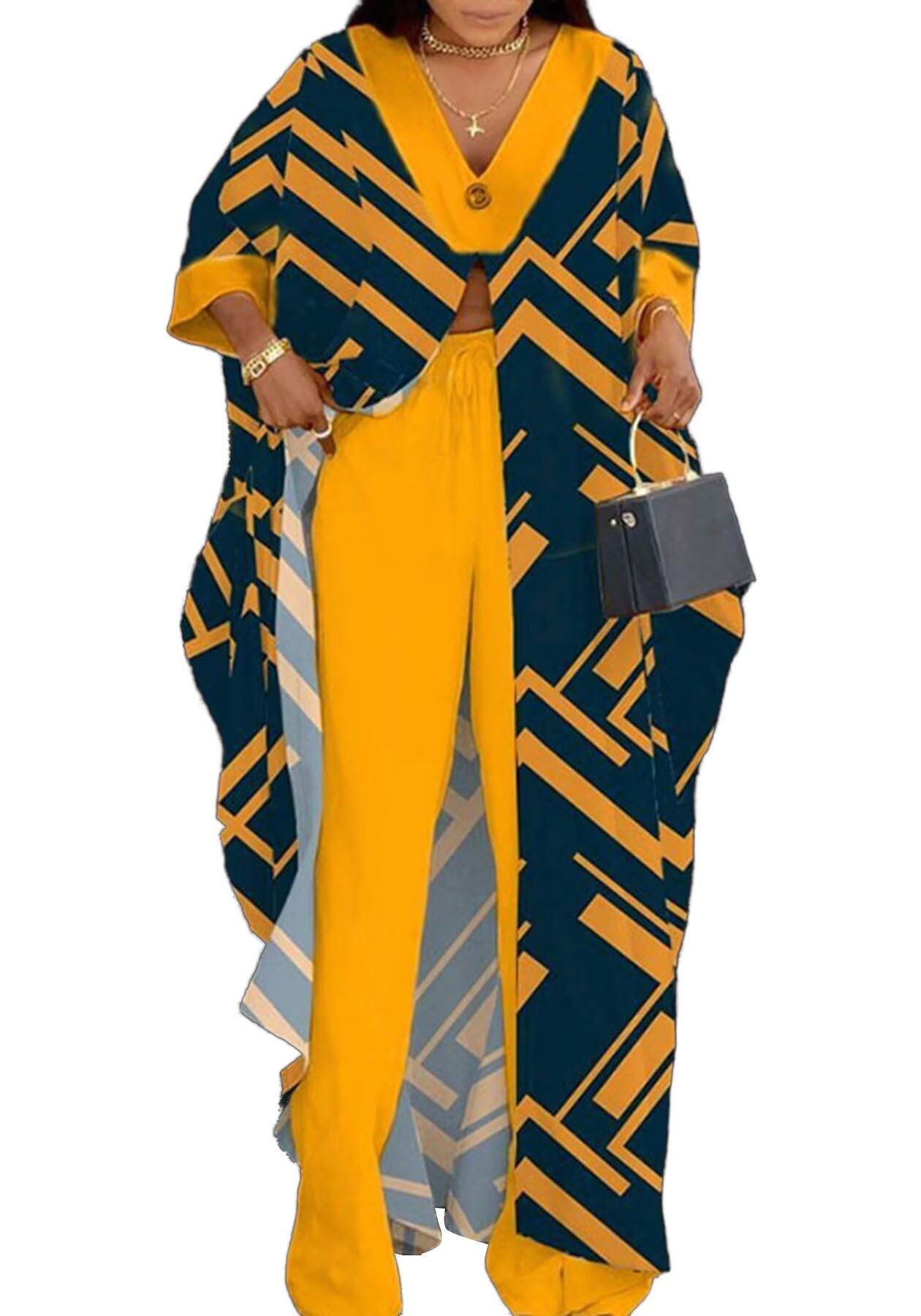 LROSEY Spring African 2 Piece Outfits Caftans for Women Floral V Neck Long Cardigan Cover Up Wide Leg Pants Sets Plus Size
