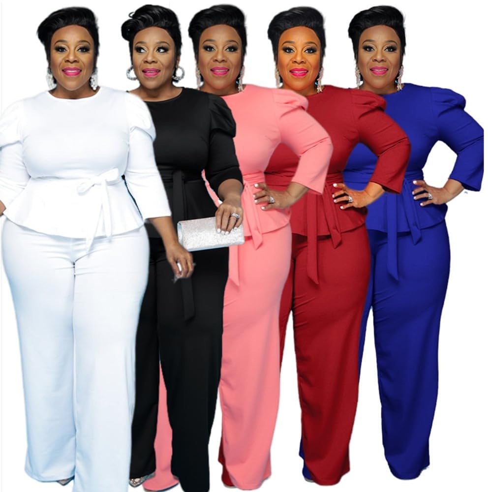 MRSFITOK Plus Size 2 Piece Wide Leg Pants Set for Women Casual Long Sleeve Shirt Long Pant Sets Sexy With Belt