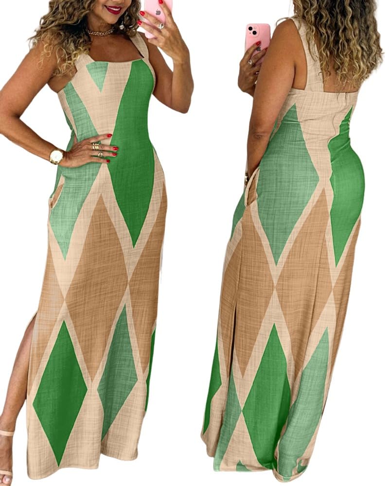 CHICME Women's Summer Maxi Dress Casual Thick Strap Square Neck Boho Sundress Split Vacation Dresses with Pockets