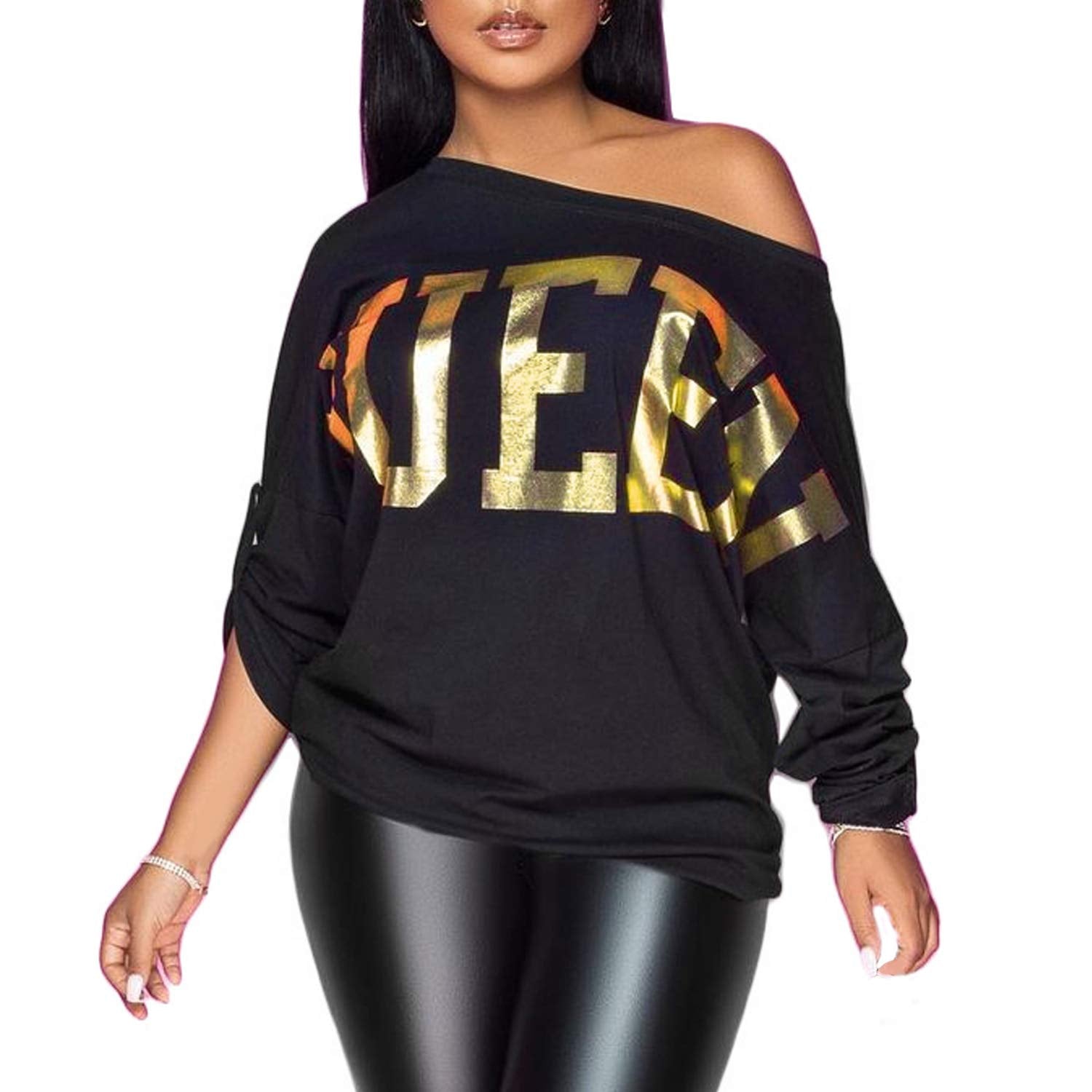 PESION Womens Off The Shoulder Tops Sexy Shiny Metallic Shirts Long Sleeves Fashion Graphic T-Shirts Blouses
